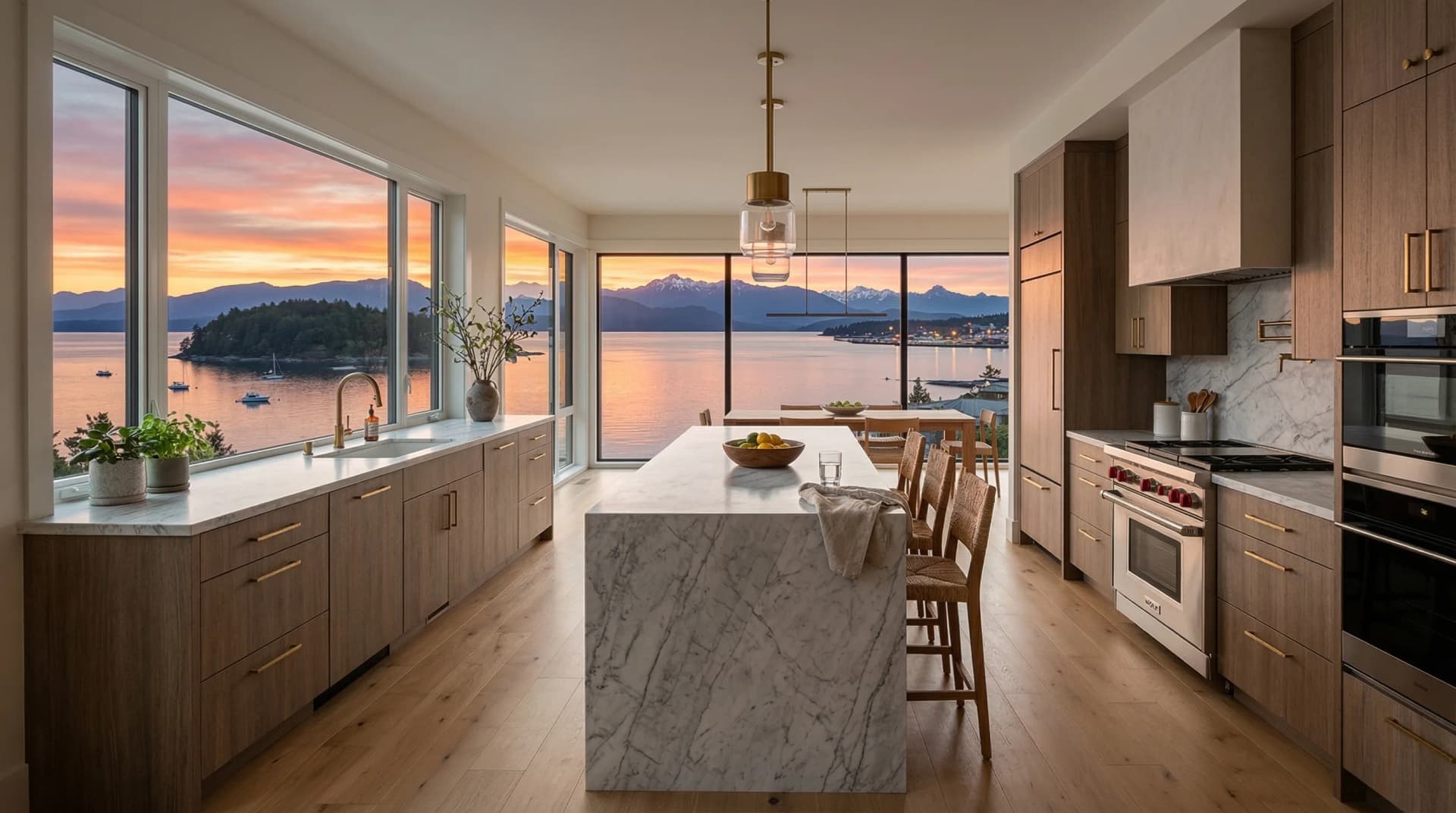 Distinctive Form — premium engineered quartz countertop with mitered waterfall island edge in a contemporary Nanaimo, British Columbia kitchen. White marble-veined quartz island surface, warm light oak cabinetry with brass handles, gold geometric pendant lighting, wide-plank hardwood floors, and breathtaking harbour sunset views with mountains and sailboats through panoramic windows. Professional countertop fabrication and installation serving Nanaimo and surrounding areas.
