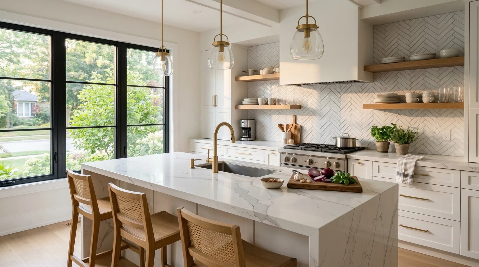 Distinctive Form — modern Canadian kitchen with premium engineered quartz countertops. A bright contemporary kitchen featuring Calacatta-style white and grey veined quartz countertops on a large waterfall island with clean mitered edge, integrated undermount sink, white shaker cabinetry, herringbone backsplash, brushed gold hardware, and pendant lighting, with morning light streaming through windows highlighting the smooth non-porous quartz surface — demonstrating how engineered quartz delivers the marble aesthetic with stain-resistant, maintenance-free performance.