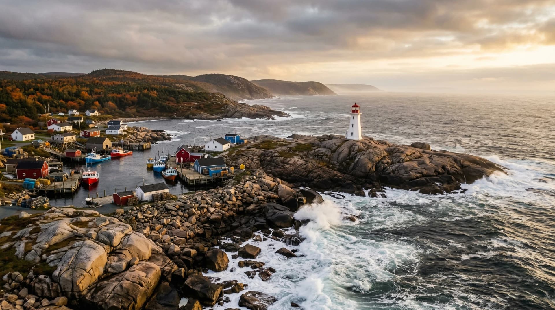Distinctive Form — premium quartz and porcelain countertop fabrication across Nova Scotia. The iconic Peggy's Cove lighthouse standing on smooth weathered granite boulders with Atlantic waves crashing, a sheltered fishing harbour with colourful lobster boats and wooden wharves, and the rugged Nova Scotia coastline stretching into the misty distance with autumn-coloured trees at golden hour. Serving Halifax.