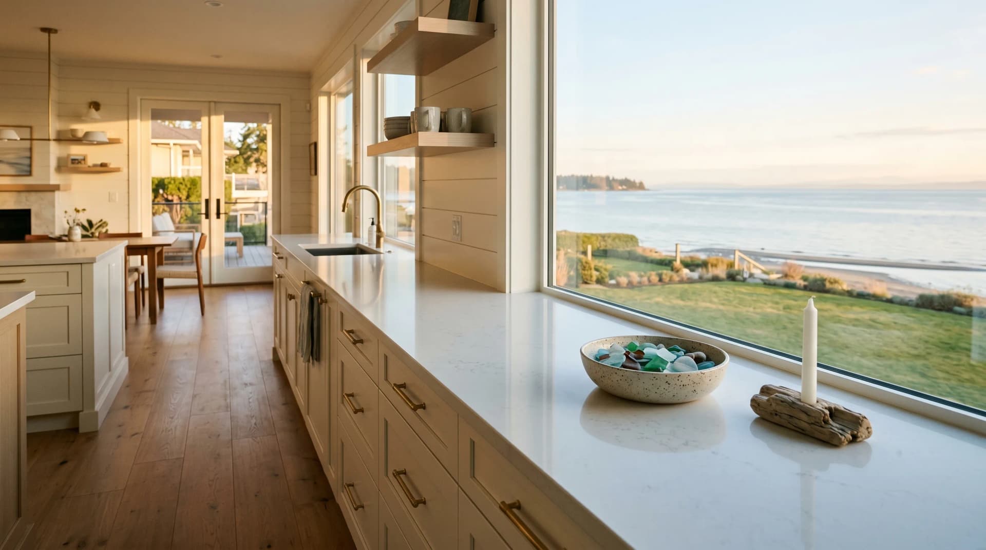 A Cordova Bay or Cadboro Bay Saanich waterfront family kitchen at golden hour with a polished pale engineered porcelain countertop, eased edge, cream shaker cabinetry, brushed-brass hardware, and the Strait of Georgia just beyond a manicured coastal lawn — Distinctive Form serves Saanich