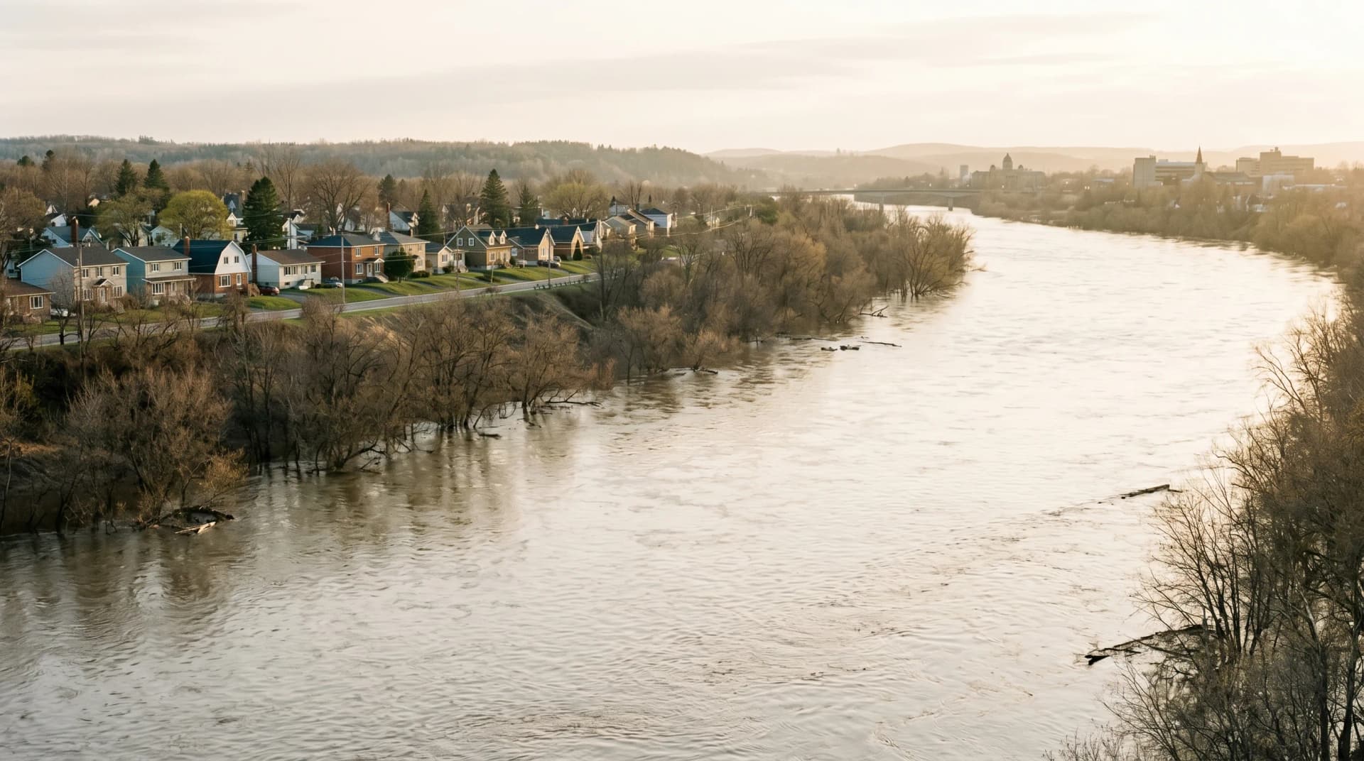 The swollen pale-brown Saint John River near peak spring freshet flow winding past Devon Fredericton with high water lapping at riverbank trees and established mid-century homes on the bluff at golden hour — Distinctive Form serves Fredericton