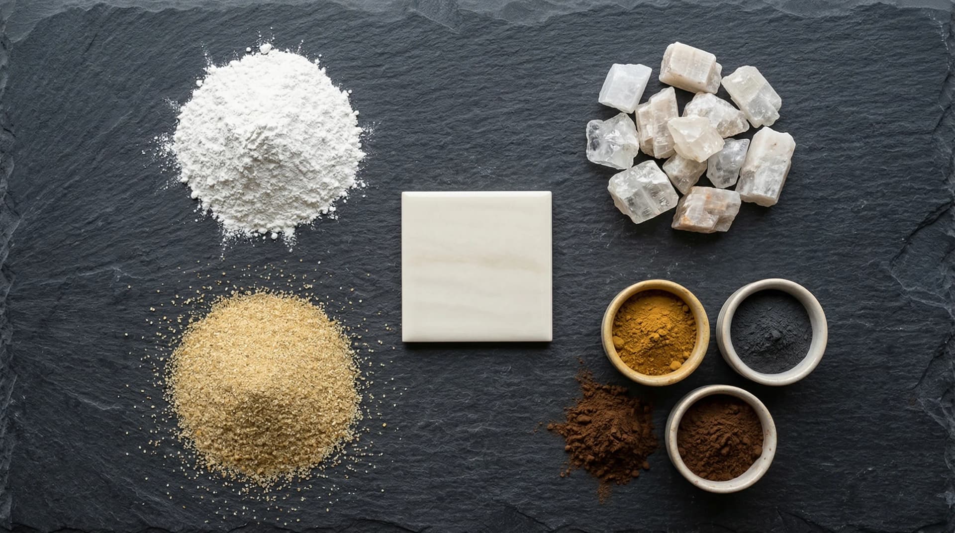 Distinctive Form — porcelain countertop raw mineral composition. Overhead view of the natural minerals used to make porcelain countertops arranged on a dark slate surface: smooth white kaolin clay powder, rough translucent feldspar crystals, fine golden silica quartz sand, and containers of mineral pigment powders in earth tones, with a small polished porcelain sample tile in the center showing the finished sintered result — demonstrating that porcelain contains 100% natural minerals with zero polymer resins.