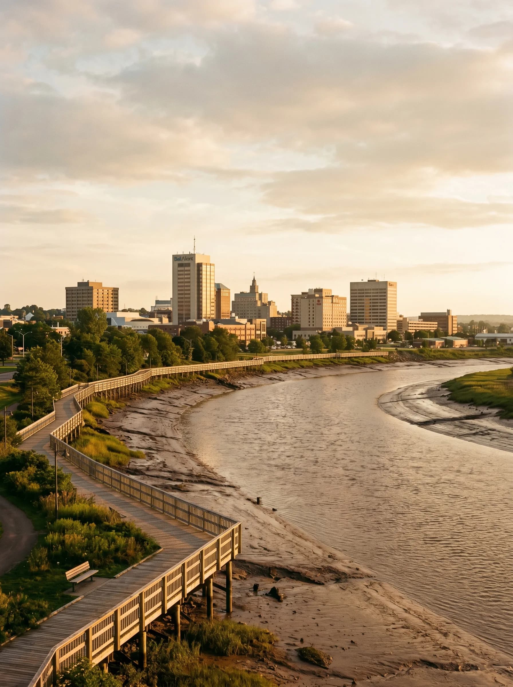 The Petitcodiac River with the downtown Moncton skyline rising on the north bank at golden hour — Distinctive Form serves Moncton and southeastern New Brunswick