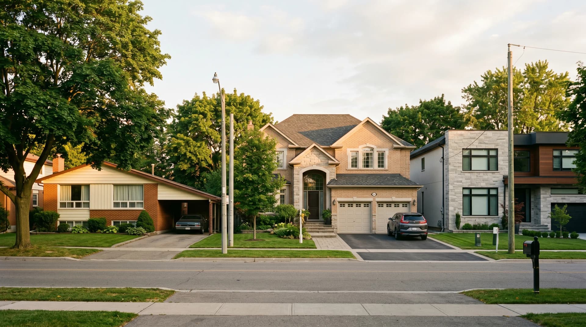 A Richmond Hill residential street showing a 1960s Richvale red-brick raised bungalow beside a 1990s Bayview Hill executive two-story and a 2020s Jefferson contemporary build under mature maples in golden-hour light — Distinctive Form serves Richmond Hill