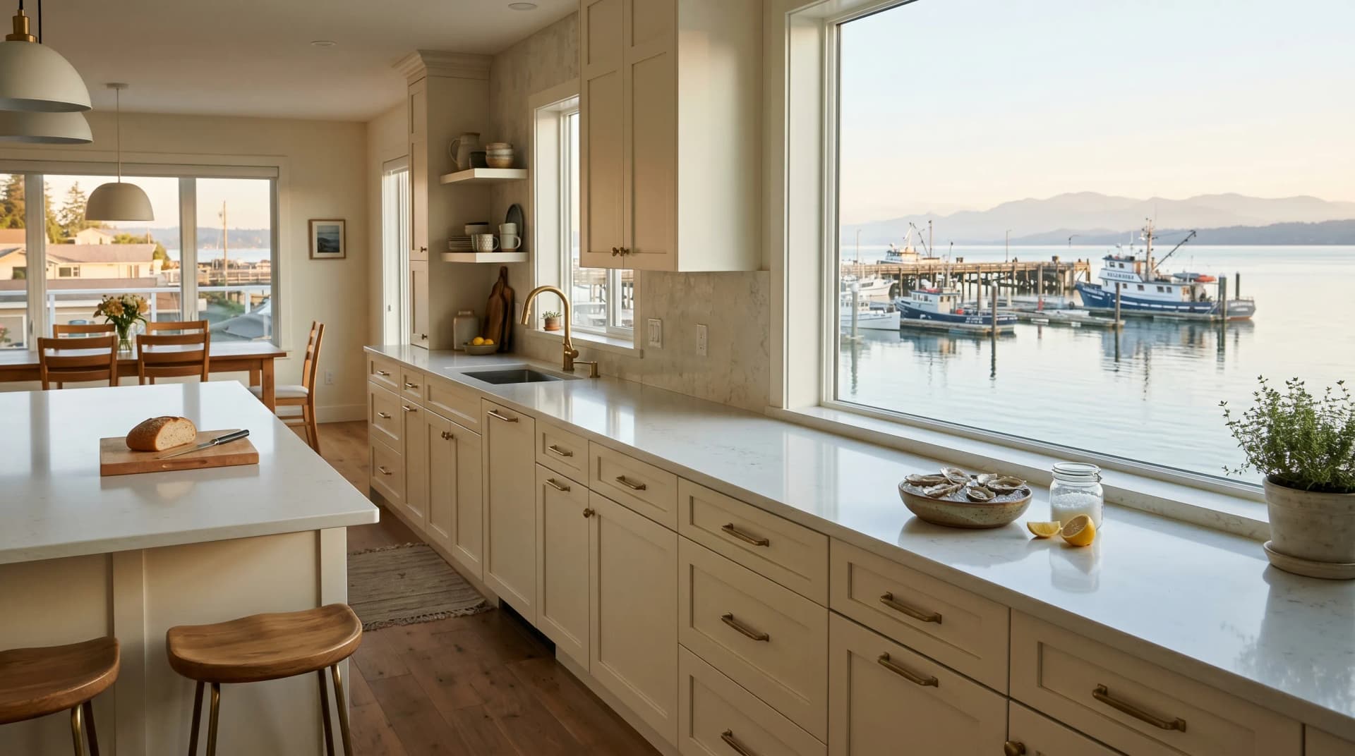 A Departure Bay or Old City Quarter Nanaimo harbour-area family kitchen at golden hour with a polished pale engineered porcelain countertop, eased edge, cream shaker cabinetry, brushed-brass hardware, and the calm Nanaimo Harbour with moored fishing boats beyond — Distinctive Form serves Nanaimo