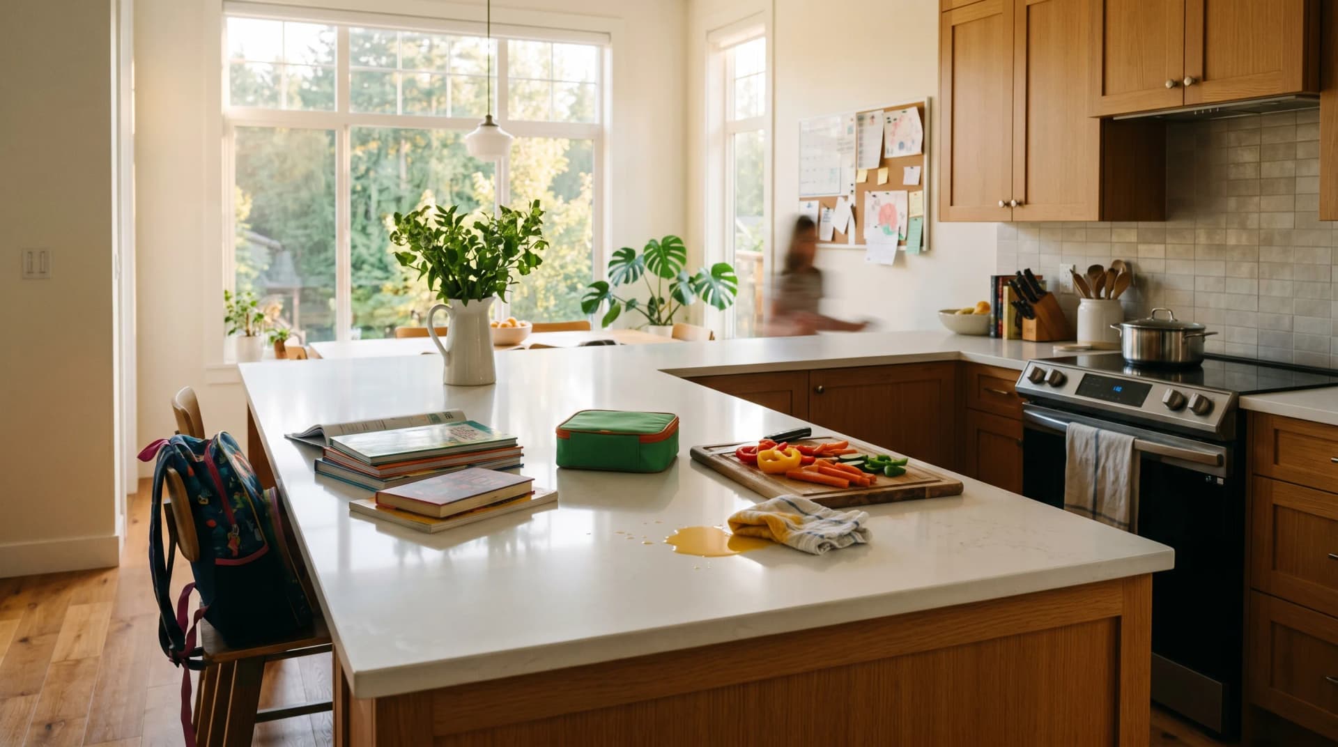 A busy contemporary Citadel or Oxford Heights Port Coquitlam family kitchen at golden hour with a large polished white engineered quartz countertop, eased edge, warm honey-oak cabinetry, school books, a child's lunchbox, and a juice spill being wiped from the wipe-clean surface — Distinctive Form serves Port Coquitlam