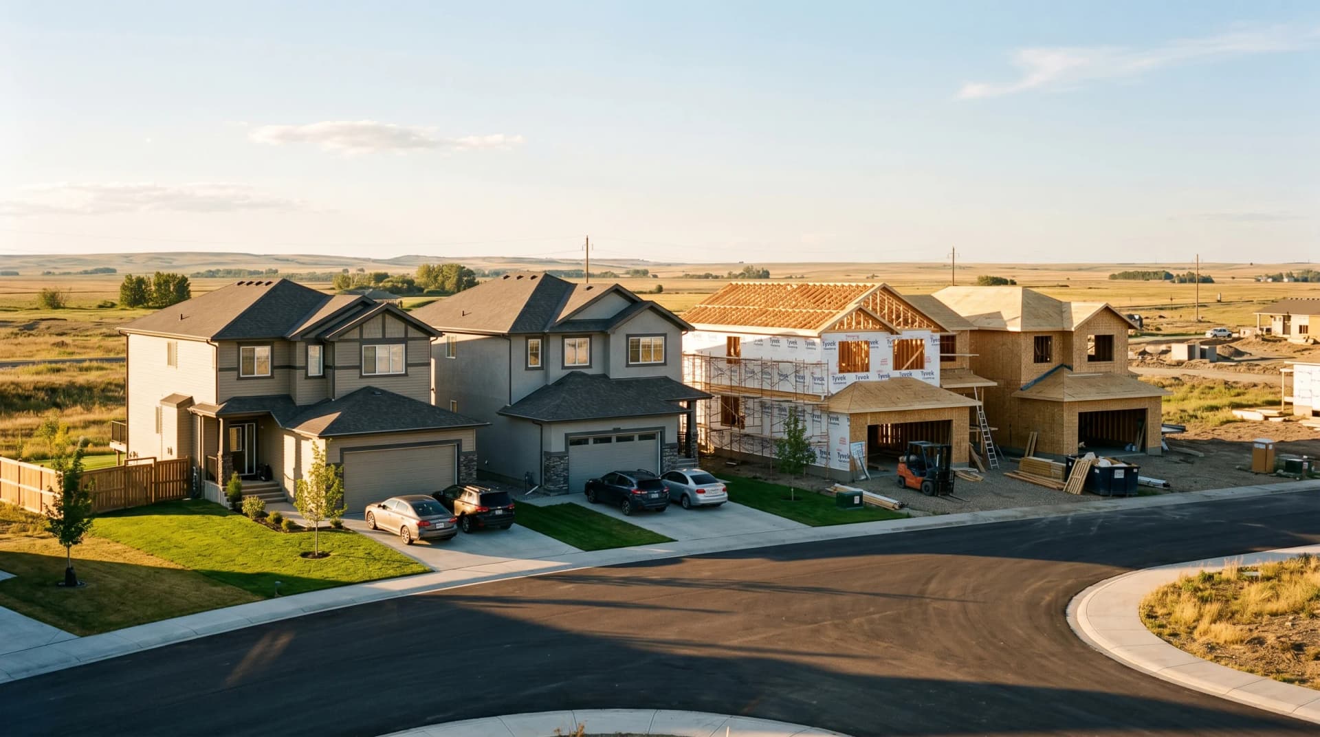 An active West Lethbridge new-construction subdivision in Legacy Ridge or Copperwood at golden hour with completed two-story homes beside others still in framing and Tyvek wrap — the booming builder-grade neighbourhoods Distinctive Form upgrades for Lethbridge