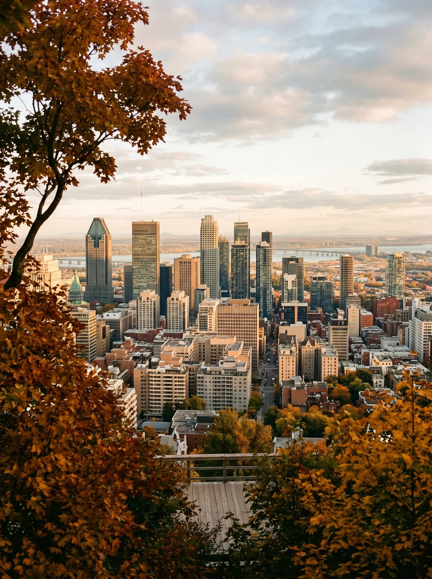 Downtown Montreal skyline viewed from Mount Royal lookout with autumn foliage in the foreground — Distinctive Form serves Greater Montreal