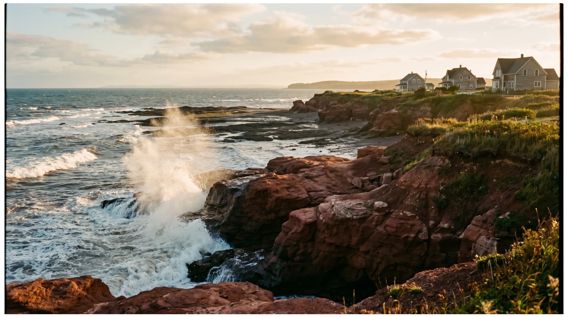 The rugged Bay of Fundy coastline at the West Side of Saint John with wave-polished red sandstone cliffs, white-crested swells crashing into rock, salt-laden sea spray, and heritage homes on the cliff top at golden hour — Distinctive Form serves Saint John
