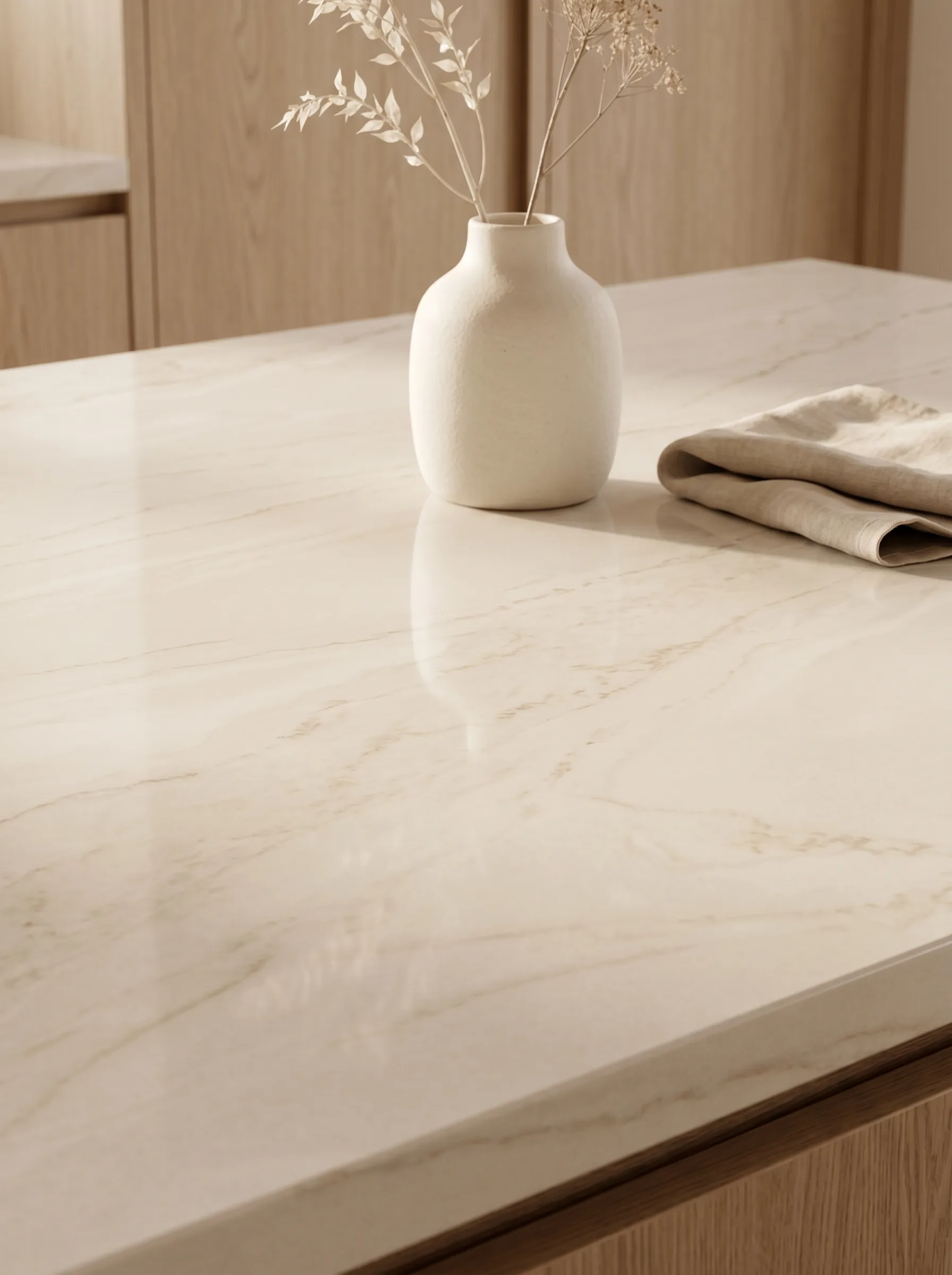 Architectural close-up of a polished engineered quartz surface with light raking across the finish revealing subtle veining — Distinctive Form surface finish detail