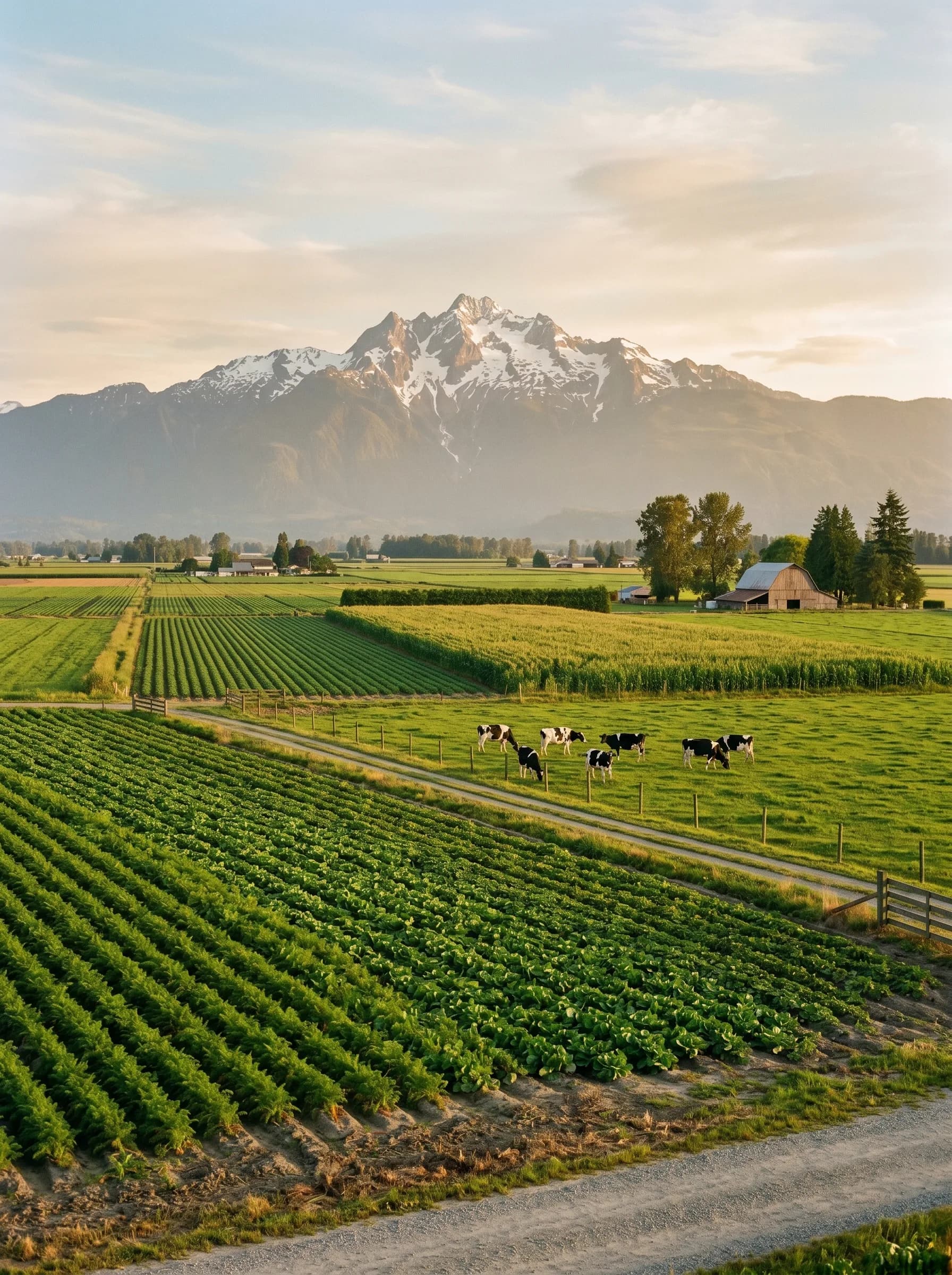 Chilliwack Fraser Valley farmland with grazing cattle and the snow-capped Mount Cheam rising above the valley at golden hour — Distinctive Form serves Chilliwack and the Upper Fraser Valley