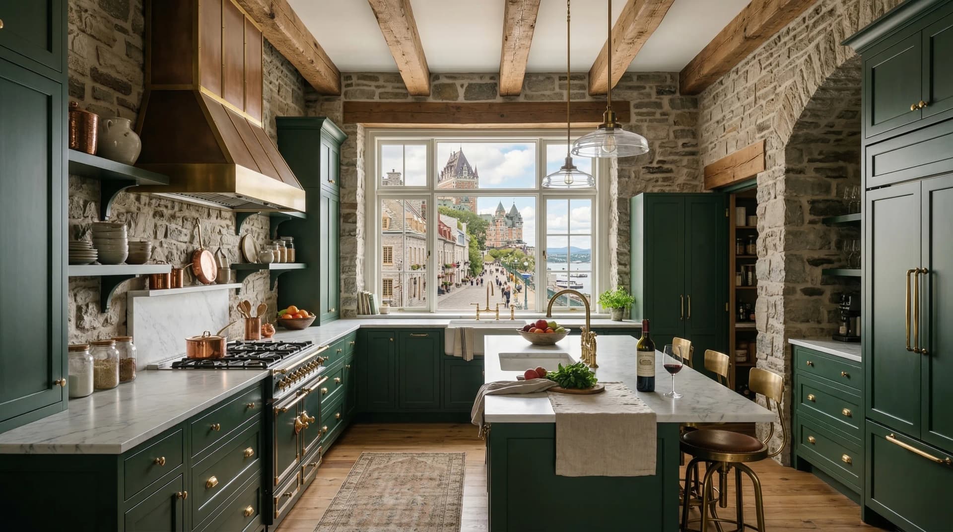 Distinctive Form — premium engineered quartz countertop with eased edge profile in an elegant Old World-inspired Quebec City, Quebec kitchen. White marble-veined quartz surfaces, deep hunter green shaker cabinetry, natural stone walls, exposed wood ceiling beams, copper range hood, brass fixtures, open shelving with copper cookware, hardwood floors, and views of Chateau Frontenac and historic Quebec streetscape. Professional countertop fabrication and installation serving Quebec City and surrounding areas.