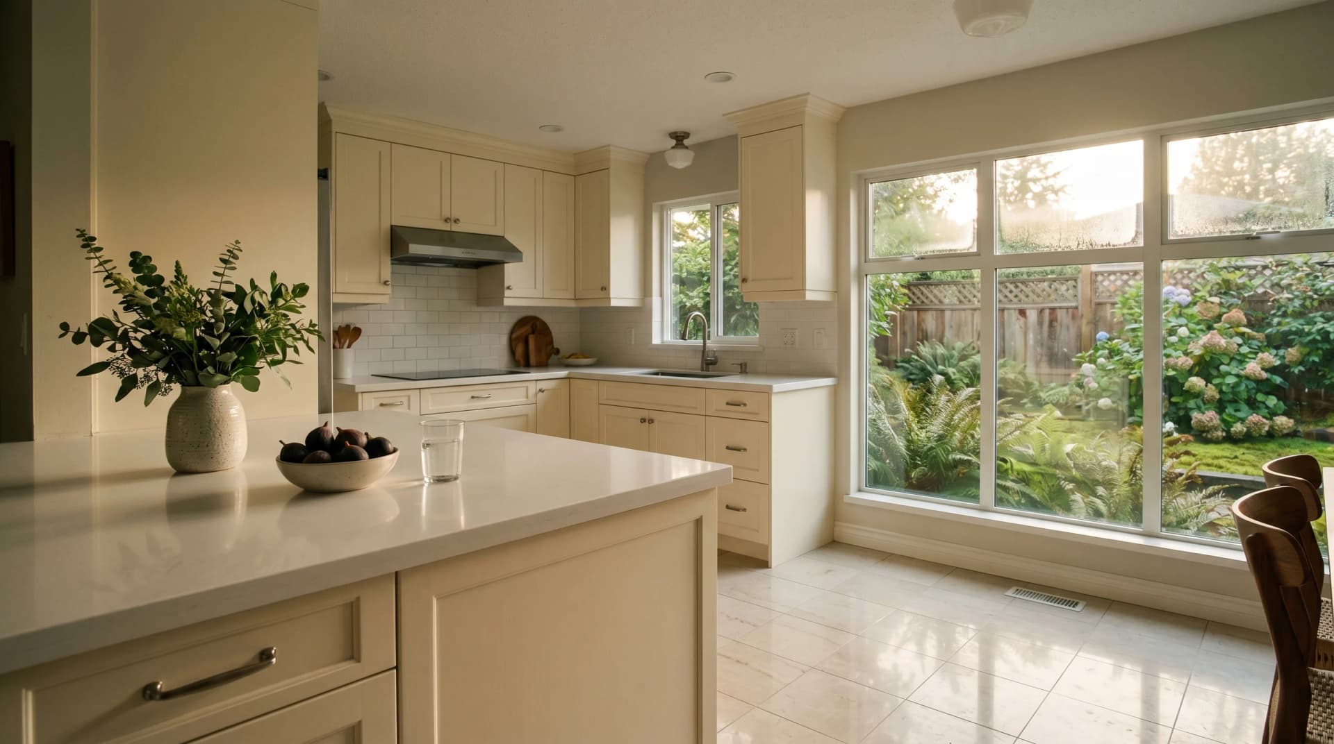A Broadmoor or Hamilton Richmond ground-floor family kitchen at warm late-afternoon golden hour with a polished white engineered porcelain countertop, eased edge, cream cabinetry, low ceiling, and a damp Lower Mainland garden view — Distinctive Form serves Richmond