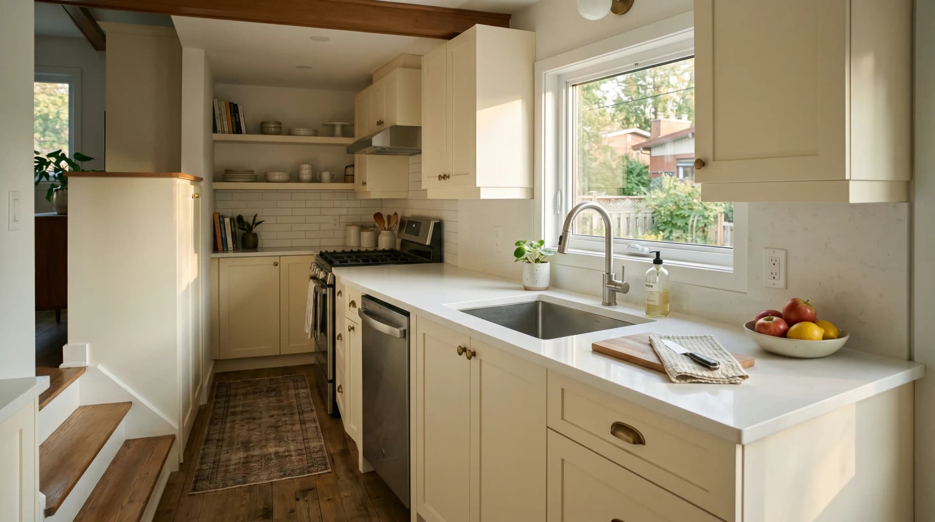 A renovated 1960s Saint-Hubert Longueuil split-level galley kitchen with a polished white quartz countertop and eased edge on refreshed cream shaker cabinetry, deep undermount sink under a small window in warm afternoon Quebec light — Distinctive Form serves Longueuil