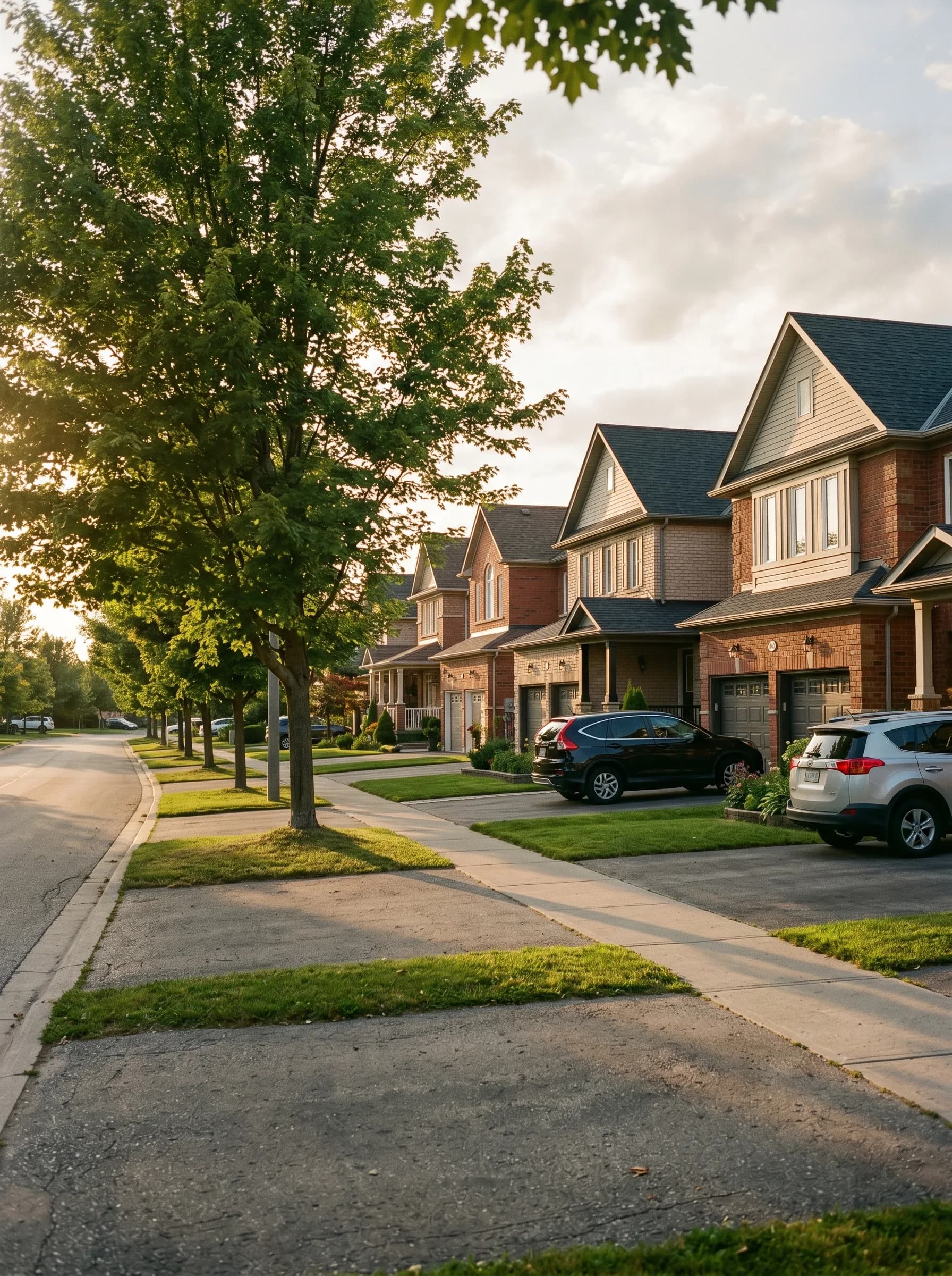 An established Oshawa, Ontario residential street with red-and-beige brick two-story homes and mature deciduous maples casting dappled shadows — Distinctive Form serves Oshawa and Durham Region
