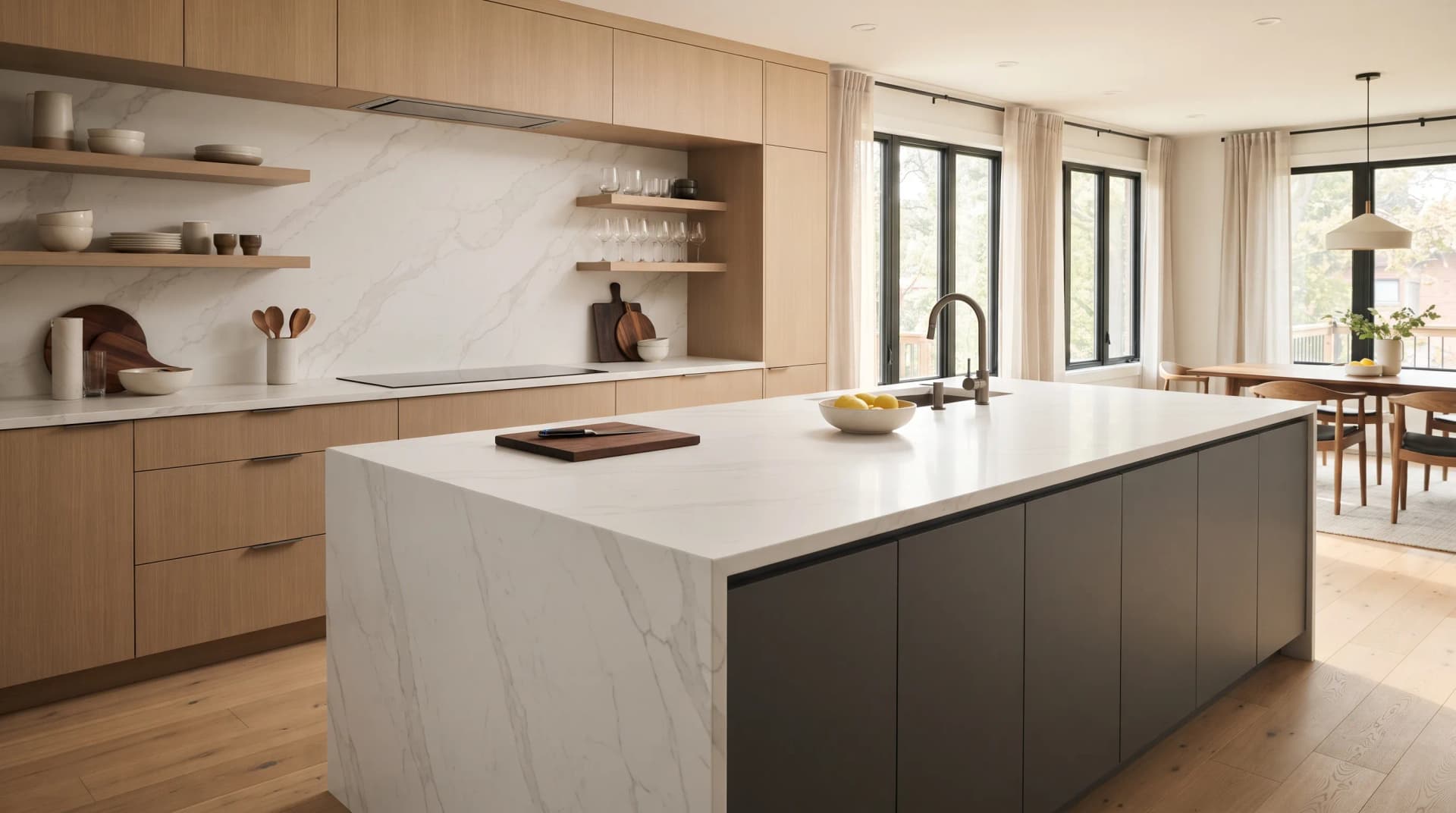 Large-format porcelain slab countertop with marble-look veining in a modern Canadian kitchen