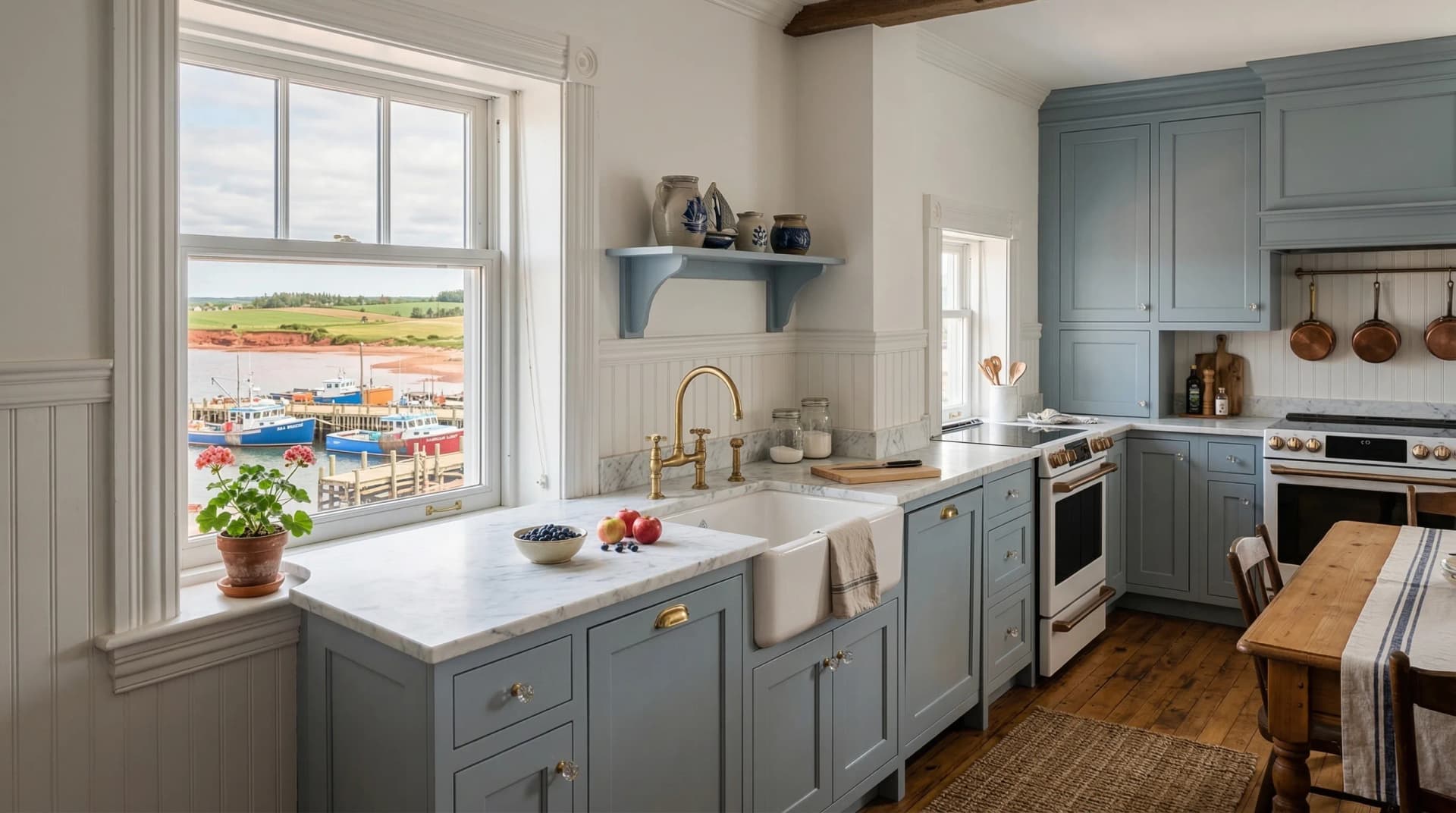 Distinctive Form — premium engineered quartz countertop with eased edge profile in a charming coastal Charlottetown, Prince Edward Island kitchen. White marble-veined quartz surface with farmhouse sink, soft blue shaker cabinetry, brass bridge faucet and hardware, exposed ceiling beam, beadboard wainscoting, hardwood floors, and harbour views with fishing boats. Professional countertop fabrication and installation serving Charlottetown and surrounding areas.