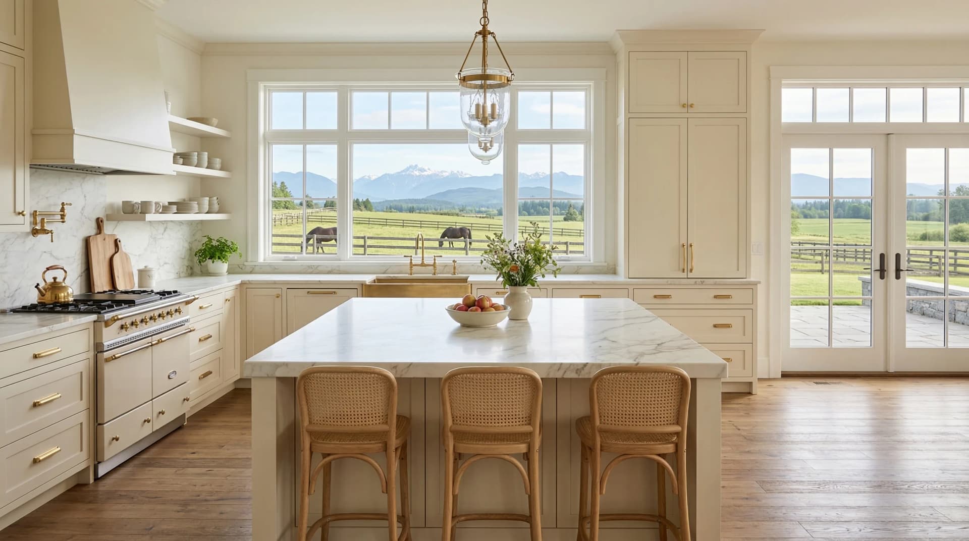 Distinctive Form — premium engineered quartz countertop with eased edge profile in an elegant French country-inspired Langley, British Columbia kitchen. White marble-veined quartz surface on cream cabinetry, vintage brass lantern pendant light, rattan bistro bar stools, marble backsplash, professional range with brass trim, and pastoral views of horse paddocks with snow-capped Coast Mountains through large windows and French doors. Professional countertop fabrication and installation serving Langley and surrounding areas.