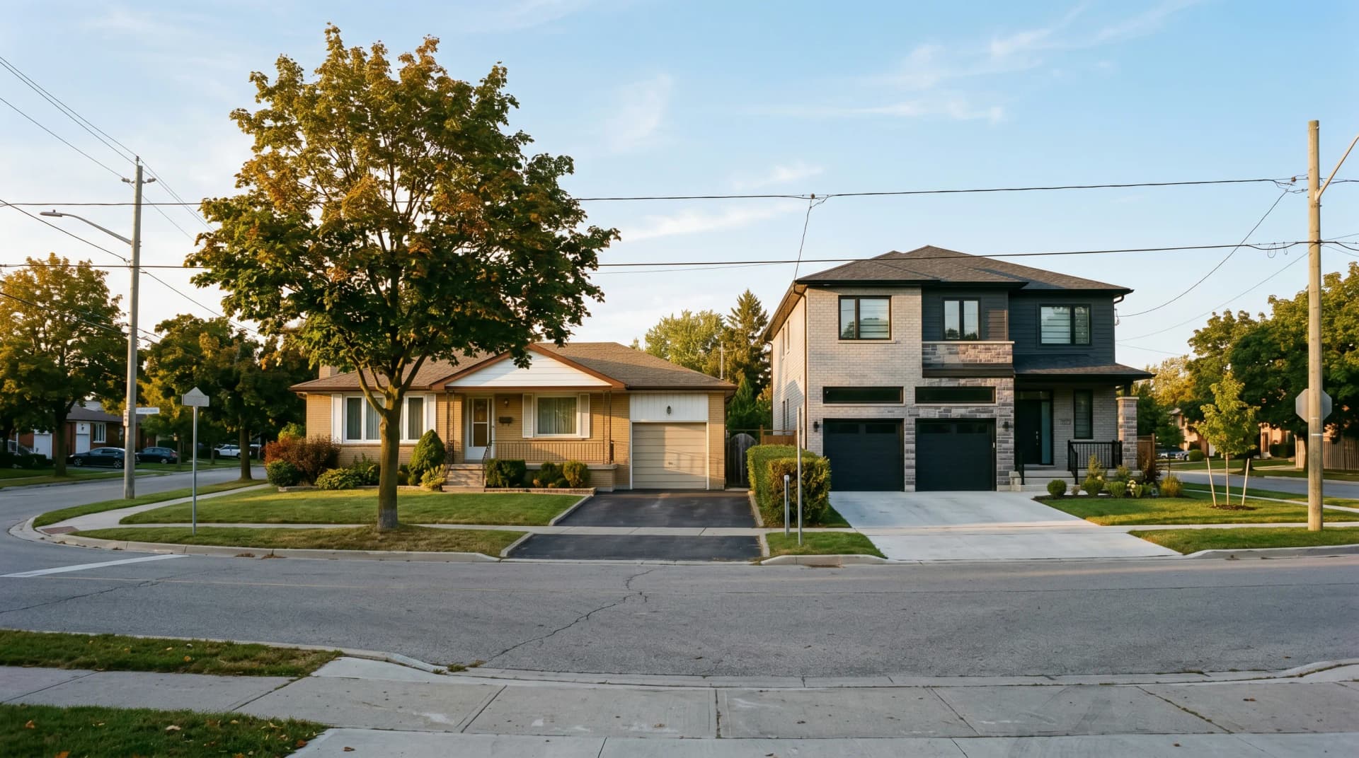 A 1950s Cooksville bungalow beside a newer 2015+ two-story detached home on the same Mississauga street at golden hour — the diverse mix of housing eras Distinctive Form serves in Mississauga