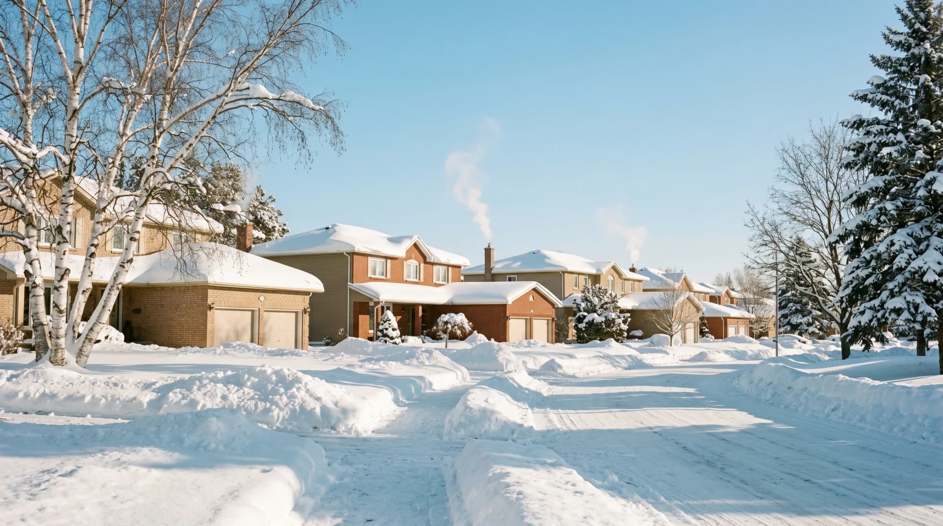 A New Sudbury residential street in deep mid-winter at -30 cold with two-story family homes under 250-centimetre Northern Ontario snow, birches and white pines coated in fresh snow and chimney smoke rising straight up under a clear pale-blue sky — Distinctive Form serves Sudbury