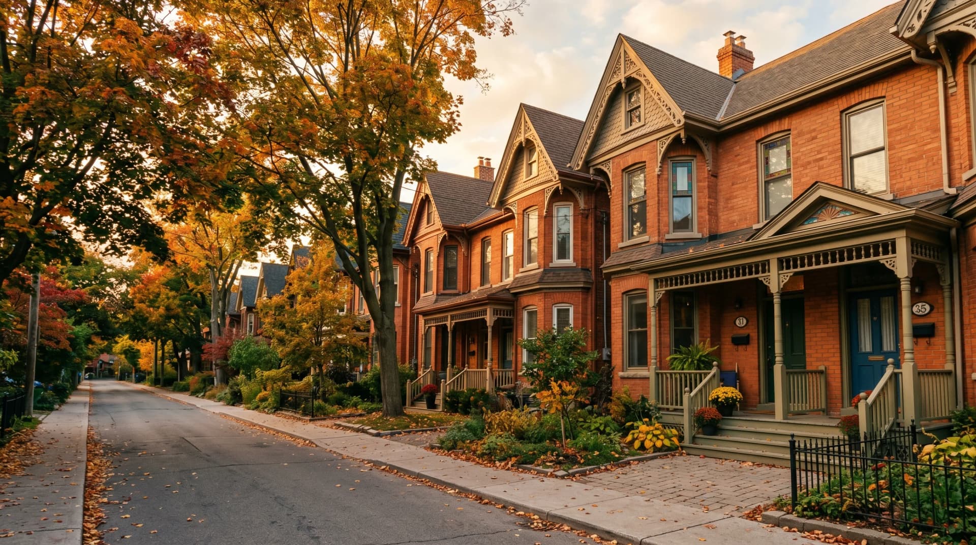 A row of red-brick Toronto Victorian bay-and-gable houses along a tree-lined Annex street with autumn foliage overhead — the heritage homes whose quirks our templating handles