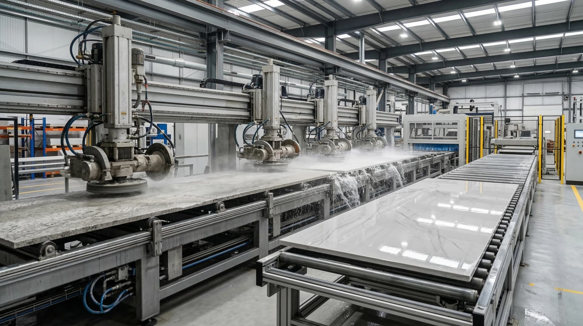 Distinctive Form — quartz countertop finishing and polishing production line. A large engineered quartz slab moving along an automated industrial polishing line with multiple diamond polishing heads in sequence, water mist spraying onto the surface during progressive polishing stages from rough matte on one end to mirror-smooth reflective finish on the other, demonstrating the multi-stage calibration and polishing process that produces polished, honed, or textured surface finishes.