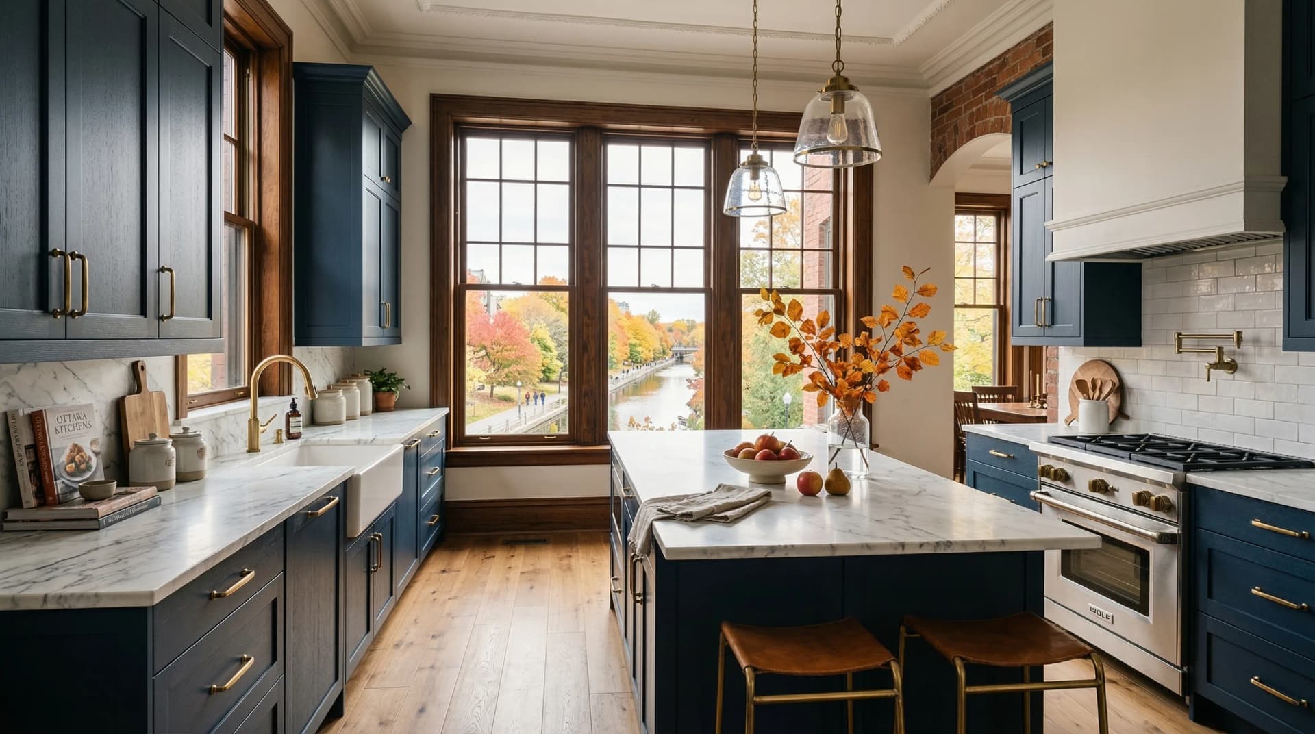 Distinctive Form — premium engineered quartz countertop with eased edge profile in a classic heritage-style Ottawa, Ontario kitchen. White marble-look quartz surfaces, navy blue shaker cabinetry with brass hardware, glass pendant lighting, white subway tile backsplash, oak hardwood floors, and Rideau Canal autumn foliage views through wood-trimmed windows. Professional countertop fabrication and installation serving Ottawa and surrounding areas.