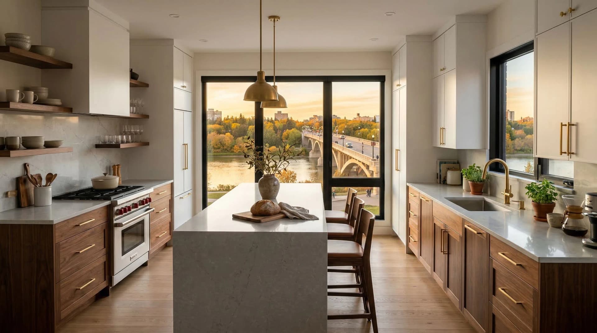 Distinctive Form — premium engineered quartz countertop with eased edge profile in a warm modern Saskatoon, Saskatchewan kitchen. Light grey quartz waterfall island with wooden bar stools, natural walnut lower cabinetry with brass hardware, white upper cabinets, brass pendant lighting, white range with brass accents, light hardwood floors, and golden hour views of the South Saskatchewan River and University Bridge. Professional countertop fabrication and installation serving Saskatoon and surrounding areas.