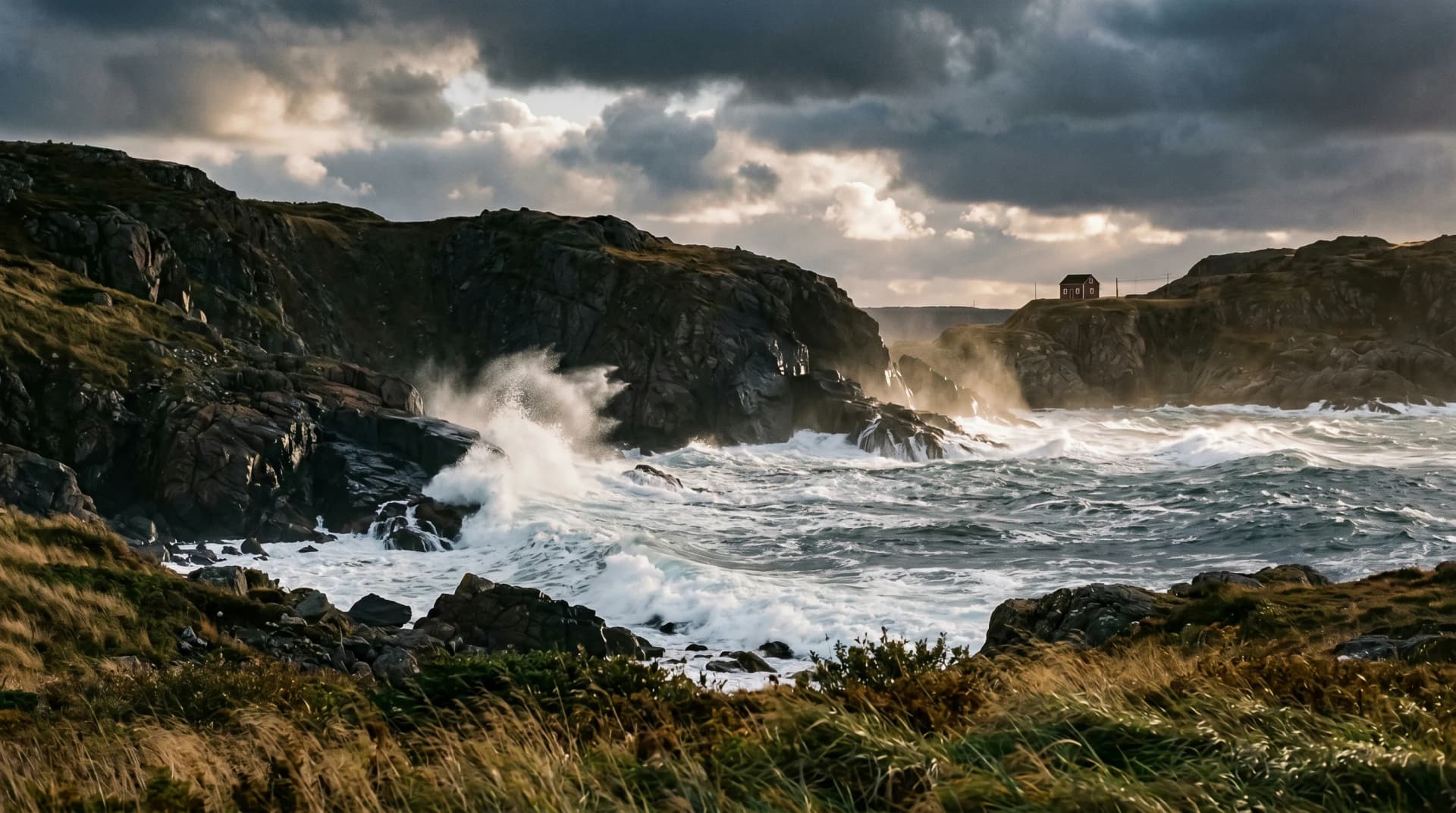 The rugged North Atlantic coastline near Signal Hill above St. John's Harbour Narrows with white-crested heavy swells crashing into granite cliffs under dramatic stormy clouds — Distinctive Form serves St. John's