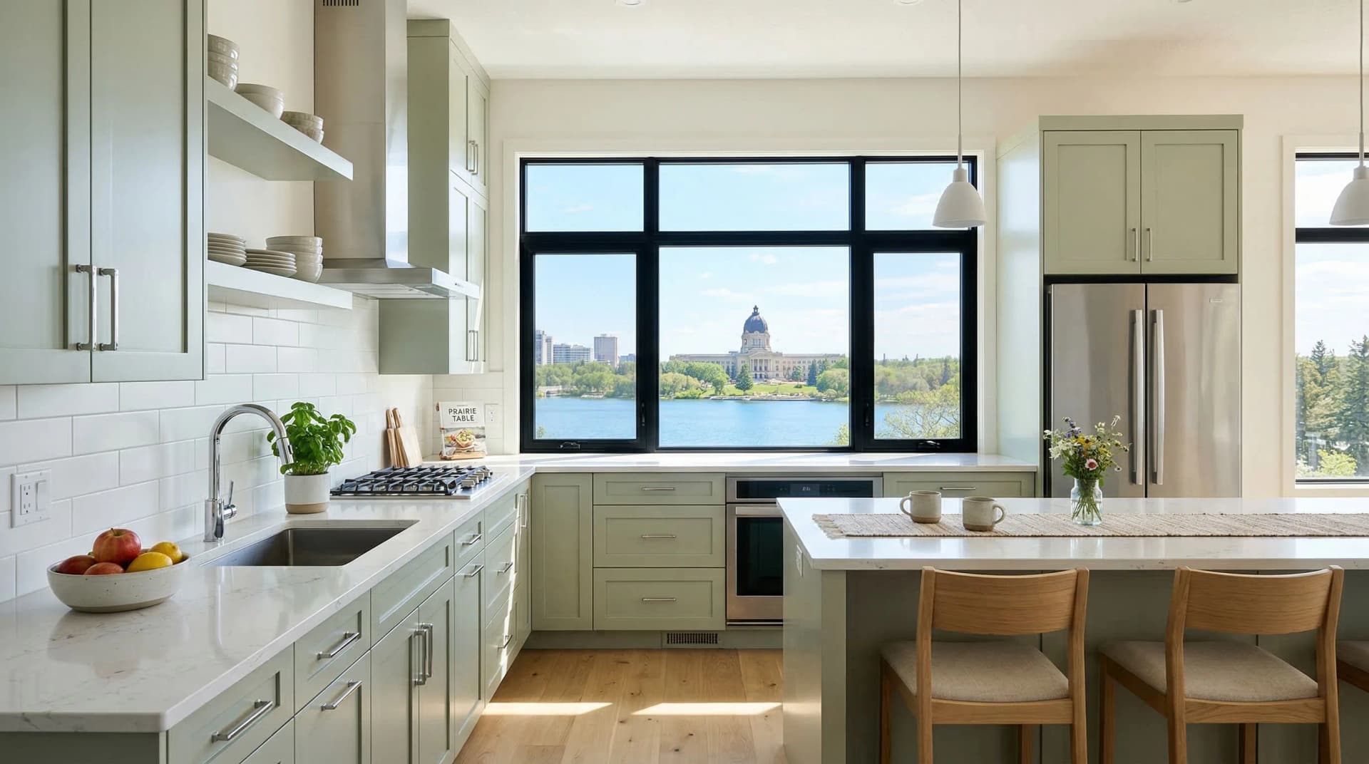 Distinctive Form — premium engineered quartz countertop with eased edge profile in a fresh transitional Regina, Saskatchewan kitchen. White marble-veined quartz surfaces with undermount sink, sage green shaker cabinetry, open shelving, subway tile backsplash, stainless steel appliances, wooden bar stools, light hardwood floors, black-framed windows, and views of Wascana Lake and the Saskatchewan Legislative Building dome. Professional countertop fabrication and installation serving Regina and surrounding areas.