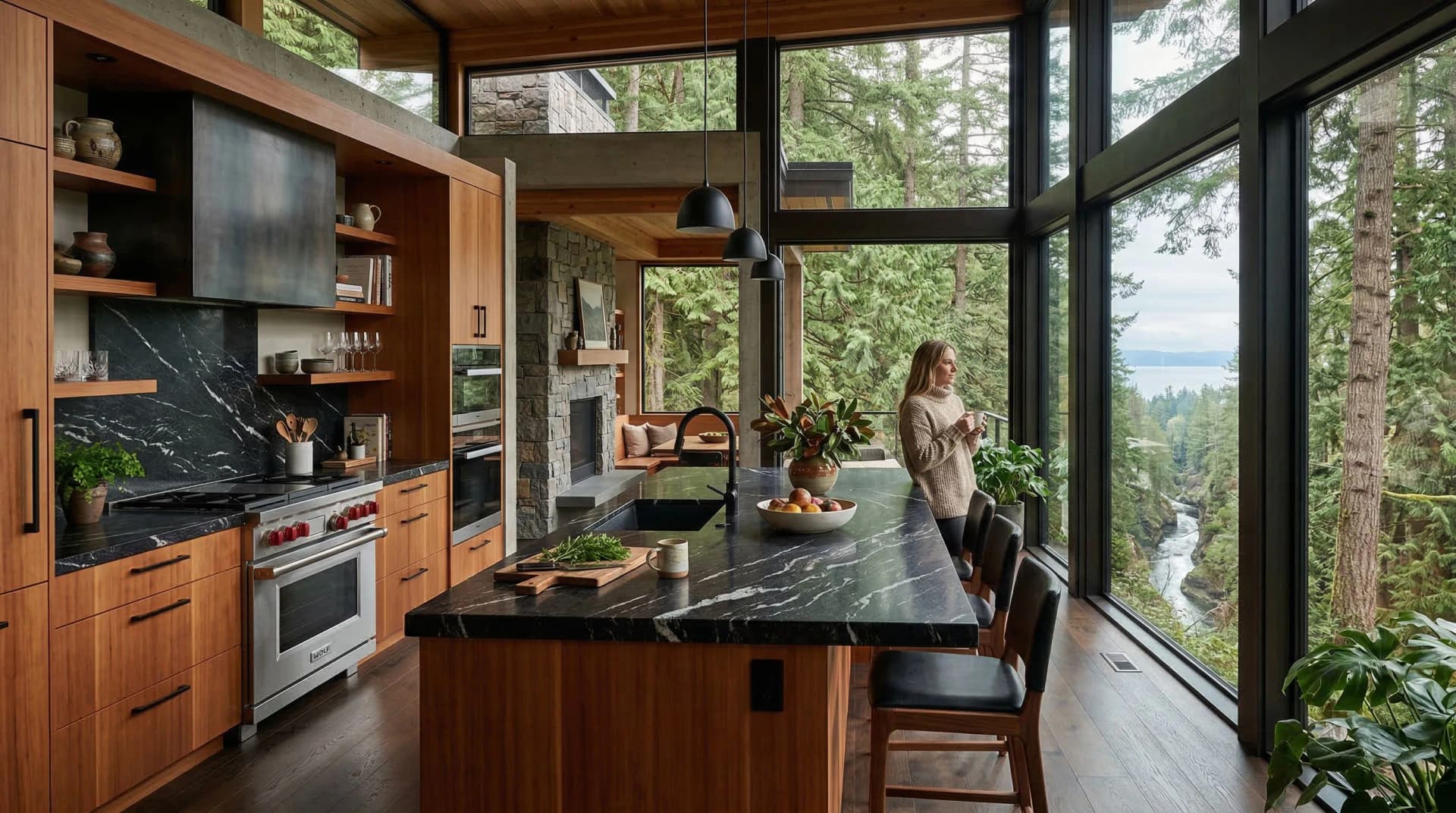 Distinctive Form — premium engineered quartz countertop with eased edge profile in a contemporary North Vancouver, British Columbia kitchen. Black marble-veined porcelain slab surface on a large island with waterfall edge, warm wood cabinetry, natural stone accent wall, floor-to-ceiling windows with lush Pacific Northwest forest and mountain creek views. Professional countertop fabrication and installation serving North Vancouver and surrounding areas.