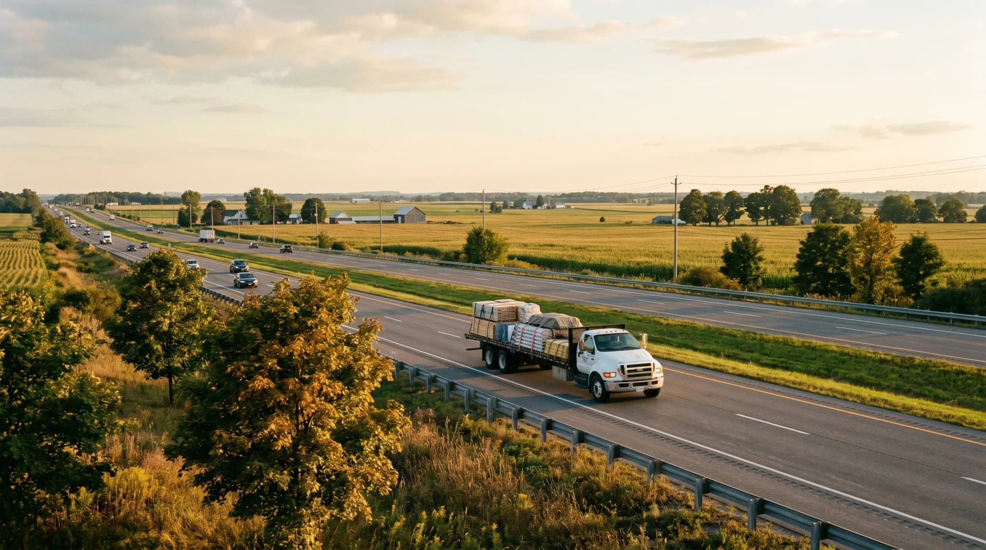 Highway 401 stretching east through Eastern Ontario farmland between Toronto and Kingston at golden hour with a single white transport truck loaded with palletized building materials heading east and mature maples framing the foreground — Distinctive Form serves Kingston