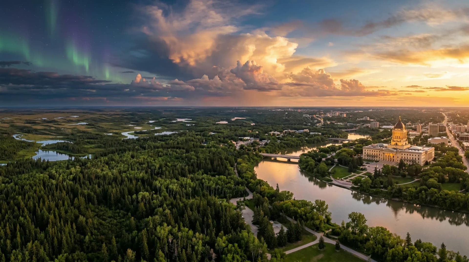 Distinctive Form — premium quartz and porcelain countertop fabrication across Manitoba. The golden-domed Manitoba Legislative Building rising above the Assiniboine River banks in Winnipeg, surrounded by vast boreal forest transitioning into open tundra landscape, dramatic prairie sky with towering cloud formations at golden hour and northern lights faintly visible in the twilight above. Serving Winnipeg and Brandon.