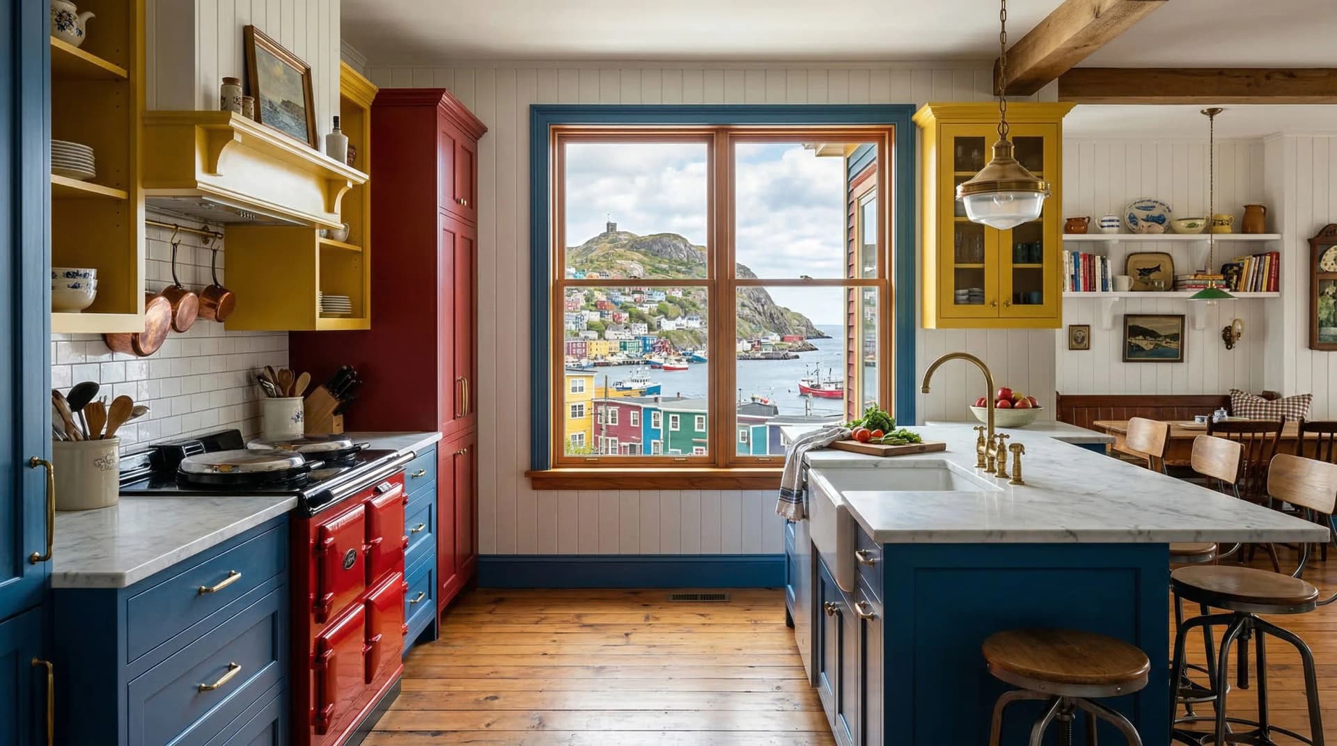 Distinctive Form — premium engineered quartz countertop with eased edge profile in a coastal Newfoundland-inspired St. John's, Newfoundland and Labrador kitchen. White quartz surfaces, colourful cabinetry, nautical accents, and panoramic views of Signal Hill and St. John's harbour with colourful row houses. Professional countertop fabrication and installation serving St. John's and surrounding areas.