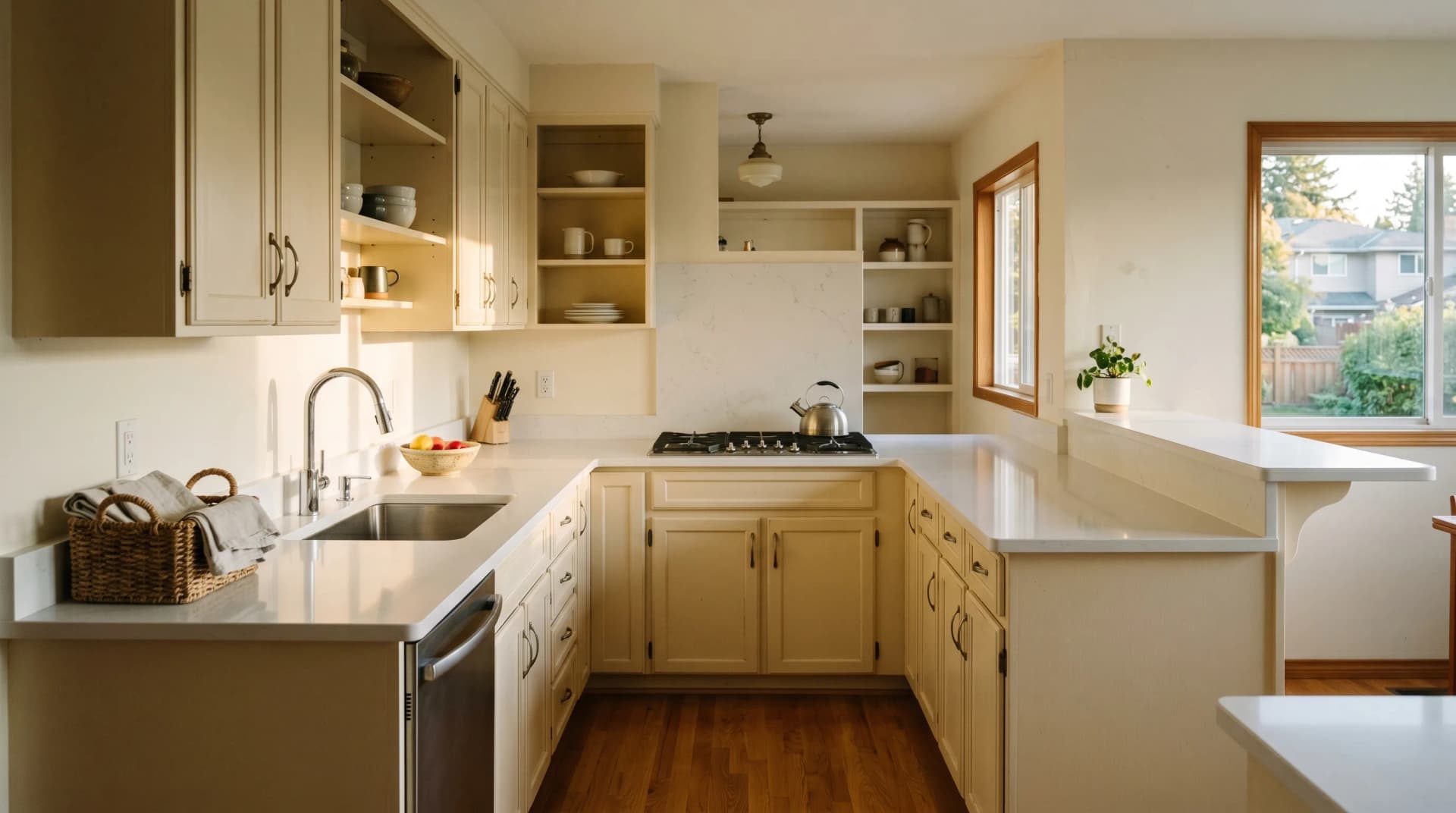 A renovated 1970s Lake Hill or Tillicum Saanich family kitchen at golden hour with a polished white engineered quartz countertop, eased edge, refreshed cream cabinetry, a retained resurfaced breakfast bar, and slightly out-of-plumb walls fitted by precision templating — Distinctive Form serves Saanich
