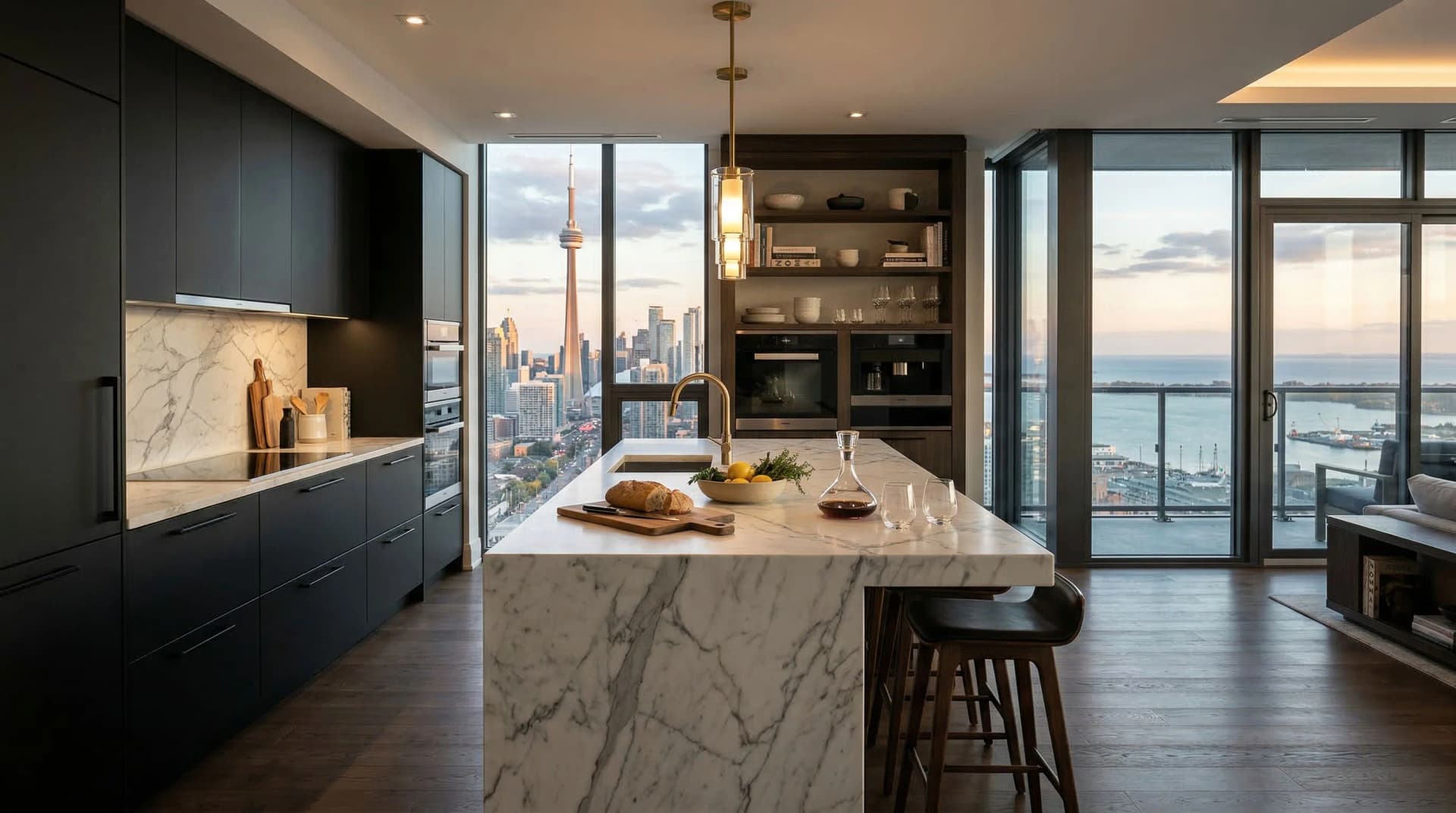Distinctive Form — premium engineered quartz countertop with mitered waterfall island edge in a luxury high-rise Toronto, Ontario kitchen. White marble-veined quartz surface with dramatic veining, dark matte cabinetry, brass pendant lighting, hardwood flooring, and stunning CN Tower cityscape and Lake Ontario views. Professional countertop fabrication and installation serving Toronto and the Greater Toronto Area.