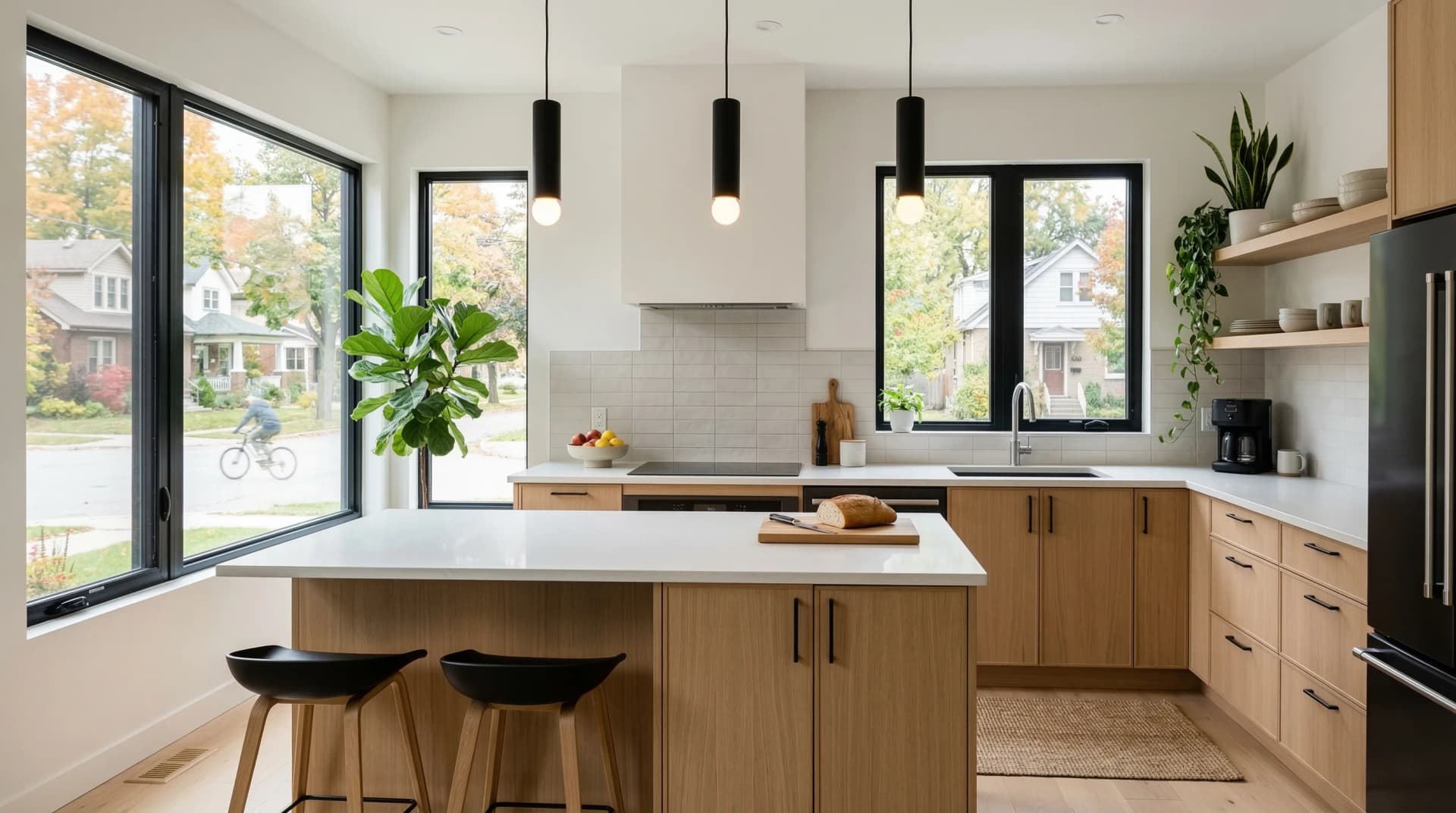 Distinctive Form — premium engineered quartz countertop with eased edge profile in a modern Scandinavian-inspired Kitchener, Ontario kitchen. White quartz surfaces, natural oak flat-panel cabinetry, matte black pendant lights, black-framed windows, open wood shelving, fiddle leaf fig plant, light hardwood floors, and charming tree-lined residential streetscape views with autumn colour. Professional countertop fabrication and installation serving Kitchener and surrounding areas.