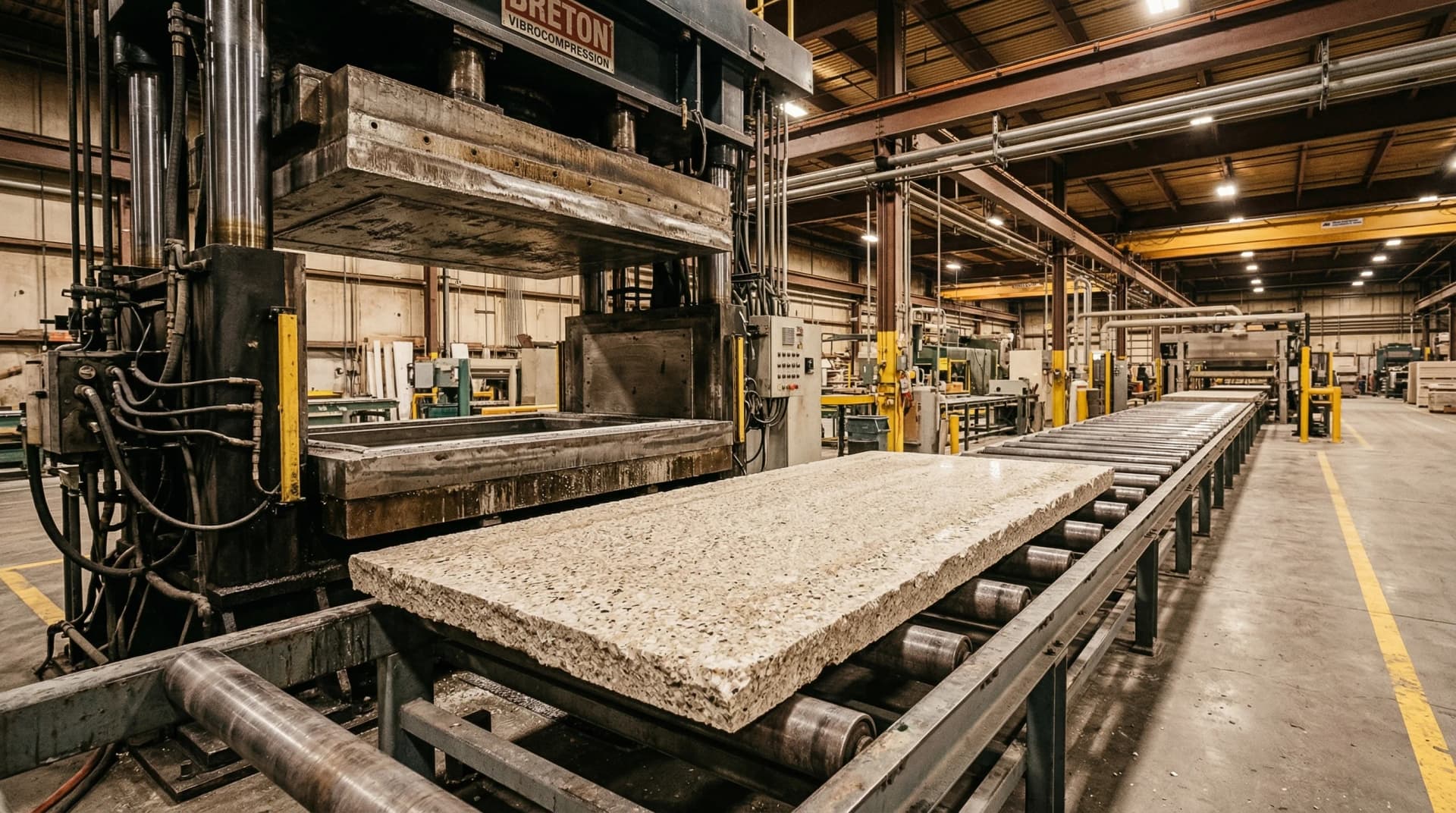 Distinctive Form — a freshly compressed quartz slab exiting the vibrocompression press. A massive raw engineered quartz slab approximately 320 cm × 160 cm on a factory conveyor belt, still in its unpolished state showing visible quartz aggregate texture, with the hydraulic vibrocompression press and its steel compression plates visible behind, demonstrating the scale of jumbo slab production that minimizes seams in kitchen installations.