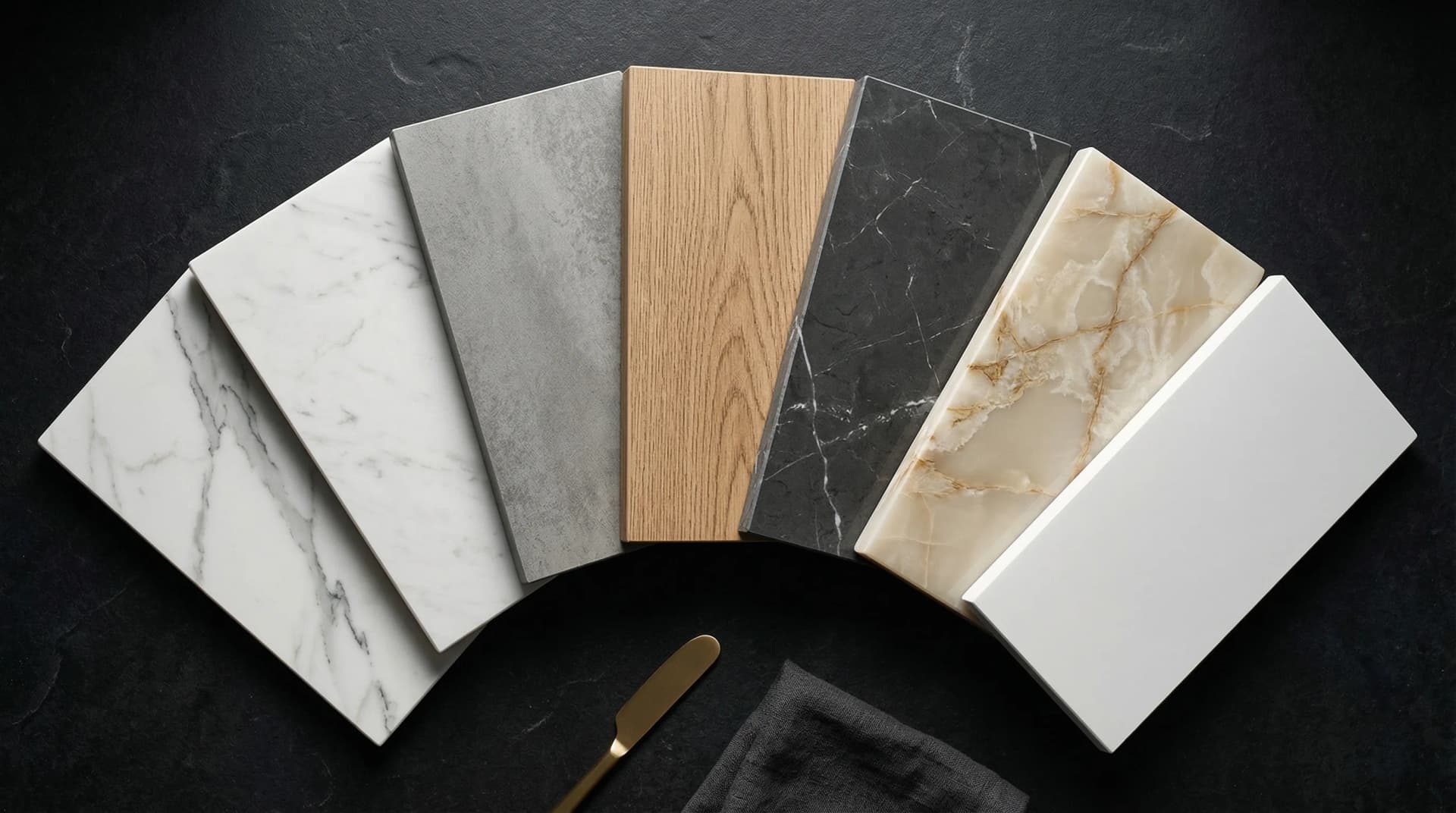 Distinctive Form — premium porcelain countertop pattern and colour variety. Multiple polished porcelain countertop samples fanned out on a dark surface showing the full design range: white Calacatta marble-look with bold grey veins, warm Carrara with subtle veining, industrial concrete grey matte, realistic wood grain, deep charcoal with white veining, creamy onyx-look, and solid pure white matte — demonstrating how advanced digital decoration technology creates remarkably realistic reproductions of natural stone, concrete, and wood.