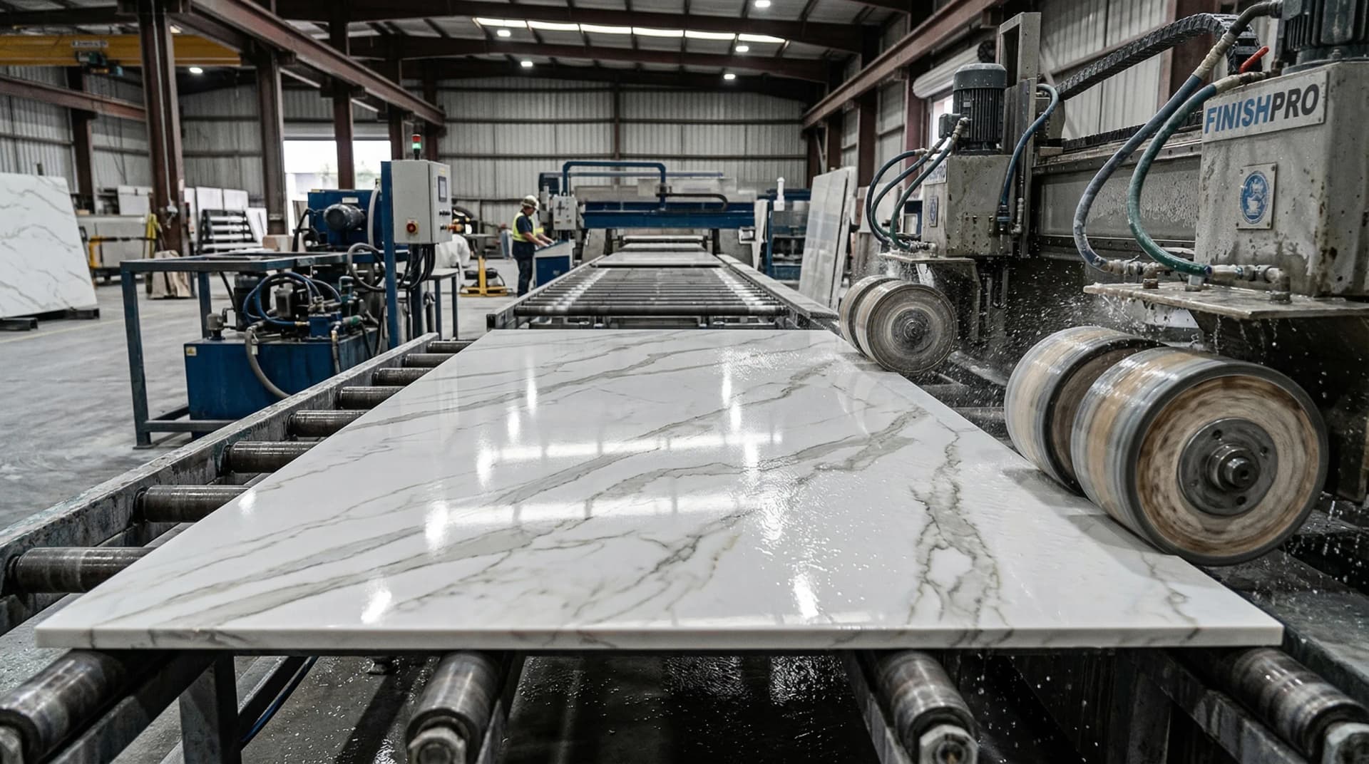 Distinctive Form — a finished premium polished quartz slab with Calacatta-style veining. A beautifully polished engineered quartz slab with deep white and grey veining patterns on a factory finishing line, diamond polishing wheels and buffing equipment visible alongside, the mirror-smooth surface gleaming under factory lights, demonstrating how premium manufacturing creates three-dimensional veining depth that extends through the full thickness of the material rather than surface printing.