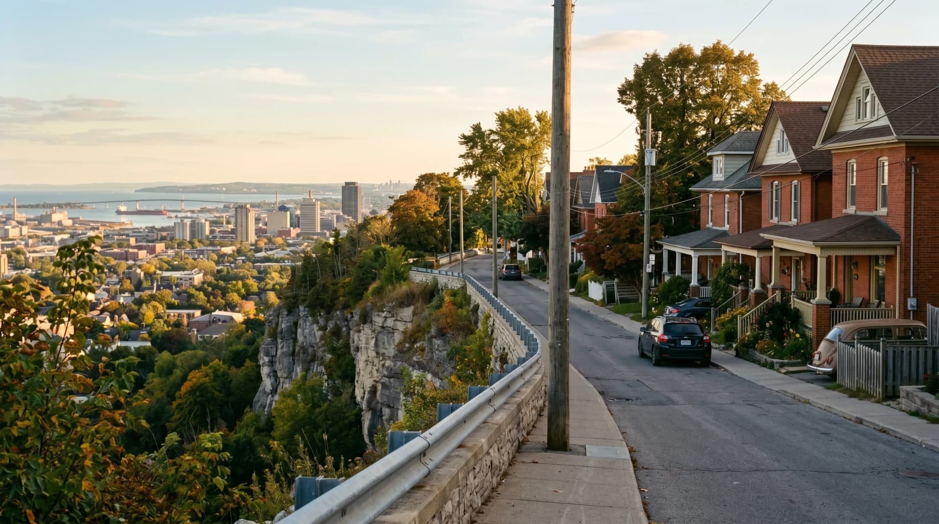 A residential street perched on the edge of the Niagara Escarpment in Hamilton with a panoramic view down to the lower city and Hamilton Harbour — the escarpment topography Distinctive Form navigates for Hamilton deliveries