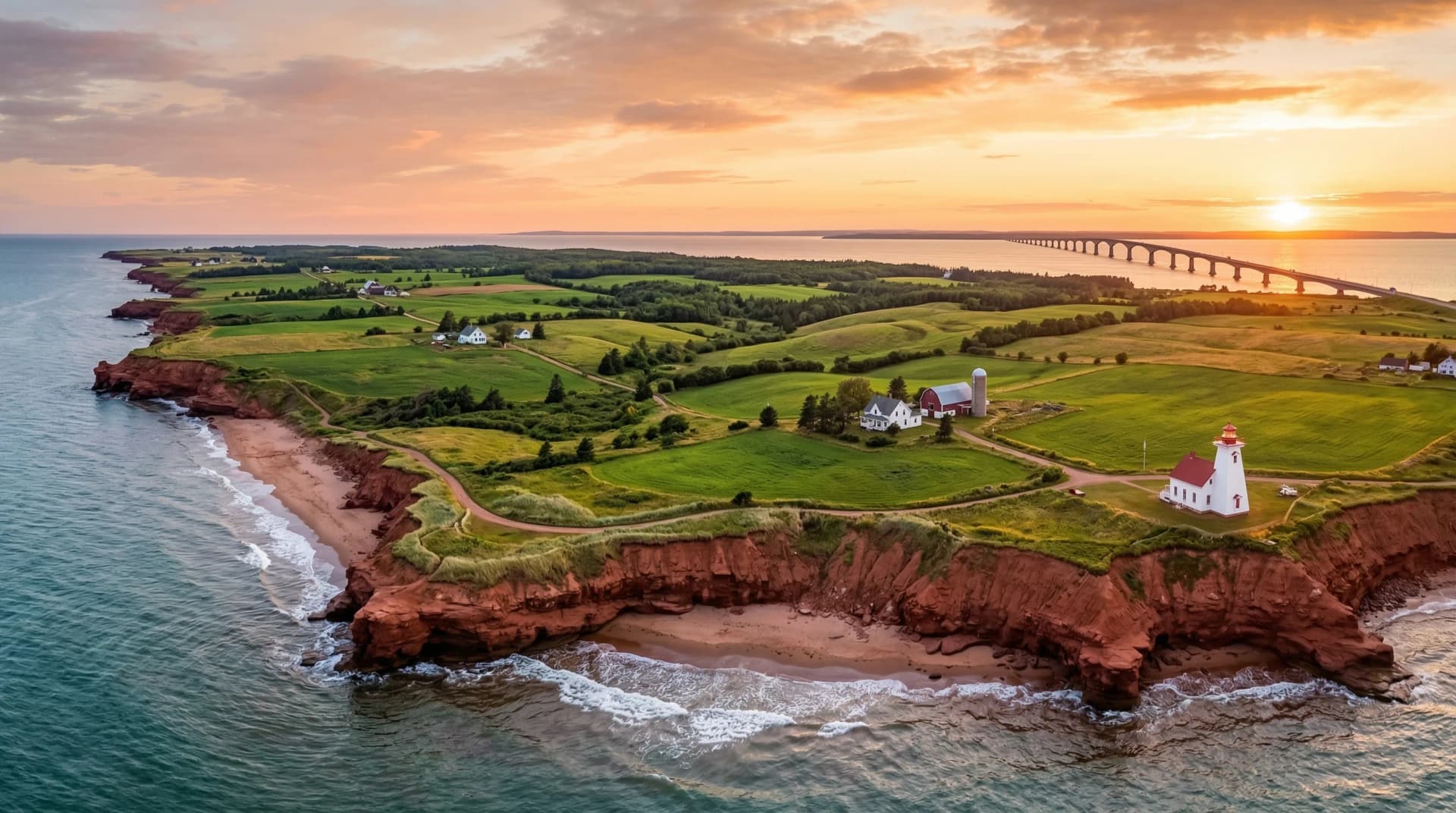 Distinctive Form — premium quartz and porcelain countertop fabrication across Prince Edward Island. Iconic red sand cliffs and sandy beaches along the coastline, rolling green farmland patchwork stretching inland, the Confederation Bridge spanning the Northumberland Strait, charming white farmhouses and a red-roofed lighthouse against a warm sunset sky. Serving Charlottetown.