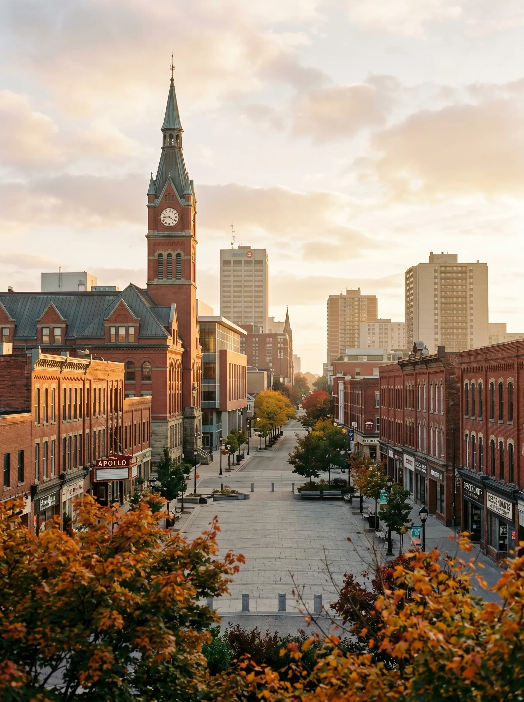 The Kitchener City Hall plaza with the Pioneer Tower clock spire above red-brick heritage commercial buildings framed by autumn maples — Distinctive Form serves Kitchener and Waterloo Region