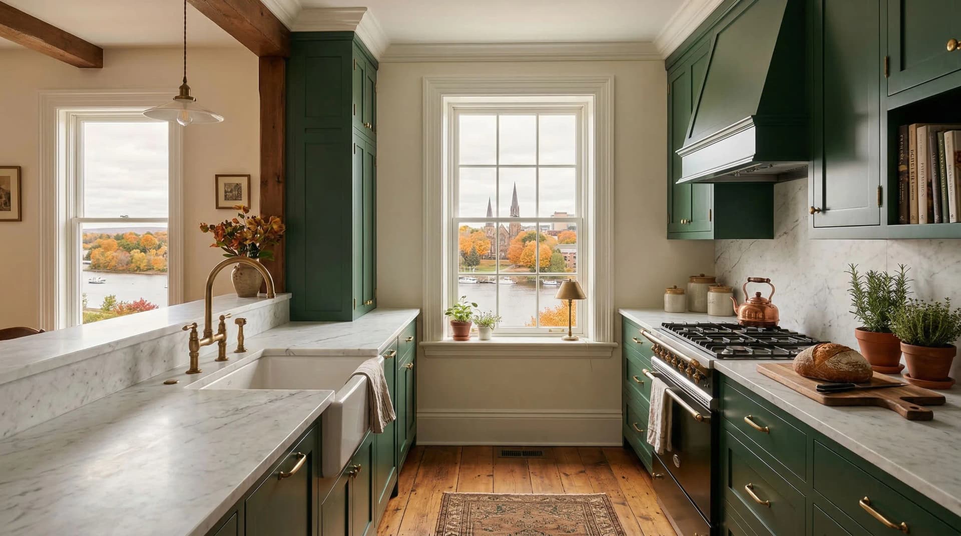 Distinctive Form — premium engineered quartz countertop with eased edge profile in a classic Fredericton, New Brunswick galley kitchen. White marble-veined quartz perimeter countertops, deep forest green cabinetry with brass hardware, farmhouse sink with antique brass faucet, exposed wood beam accents, hardwood floors, and autumn riverfront views with cathedral spires and fall foliage through heritage sash windows. Professional countertop fabrication and installation serving Fredericton and surrounding areas.