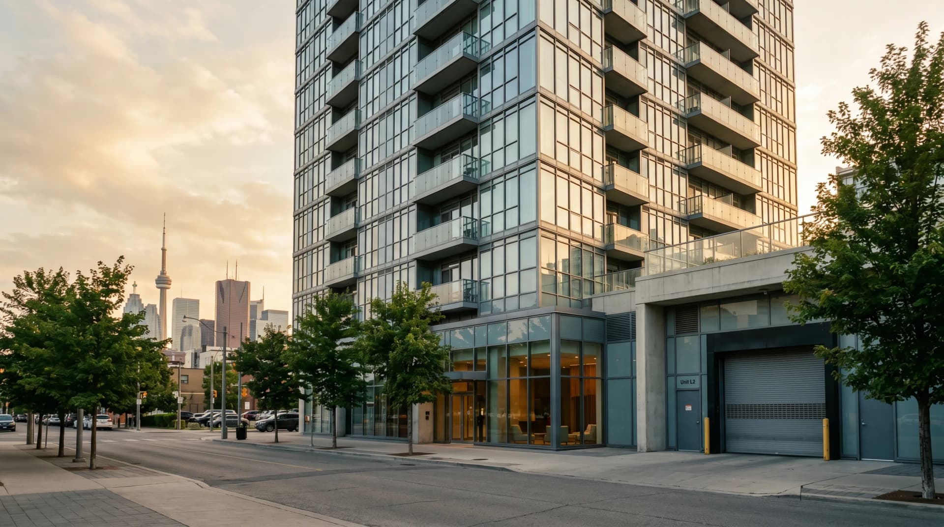 A Toronto CityPlace glass-and-steel condo tower exterior with a discreet loading-bay service entrance at golden hour, the CN Tower silhouette in the distance — the building logistics we coordinate daily