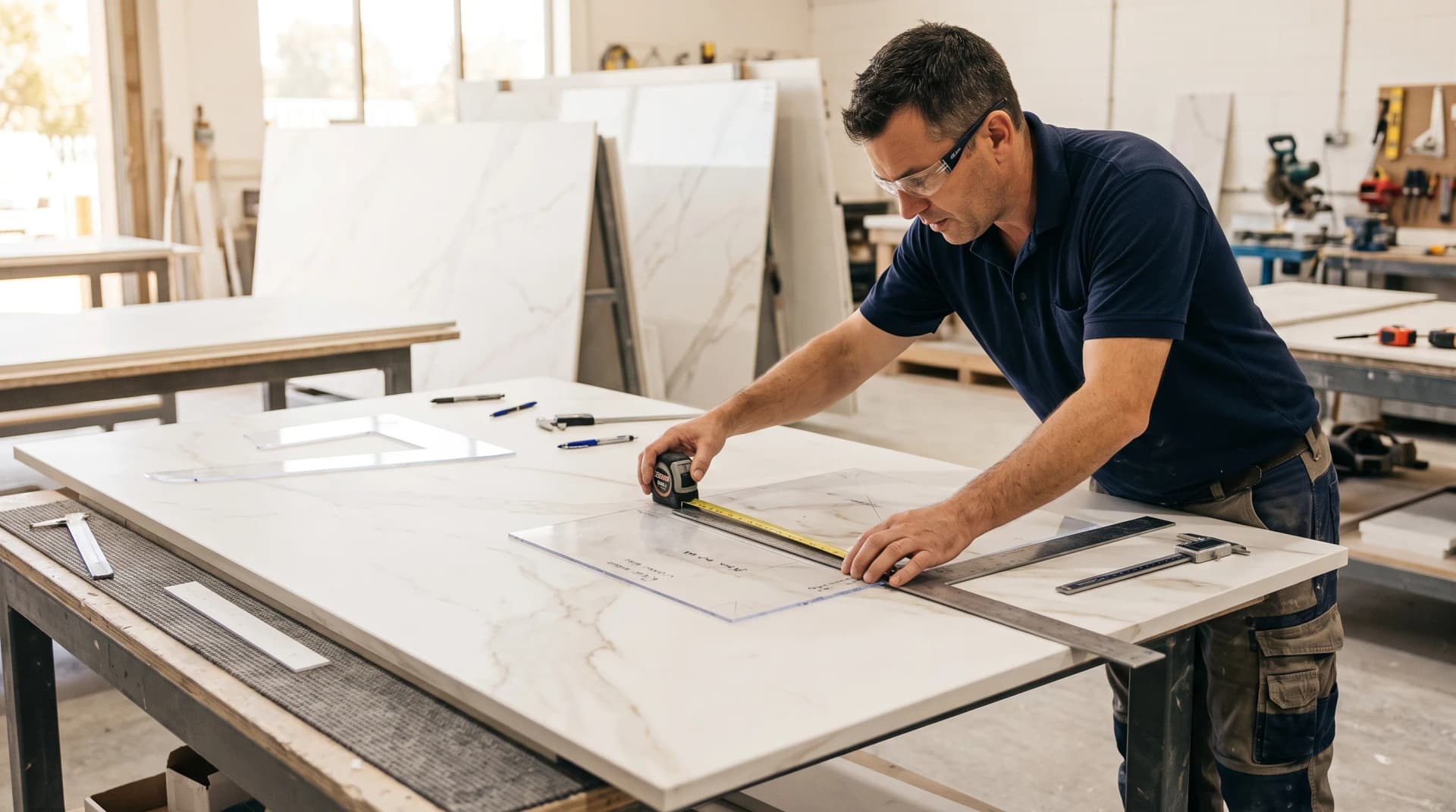 A countertop fabricator measuring and templating a large white porcelain slab in a workshop, illustrating the specialized fabrication that drives porcelain cost