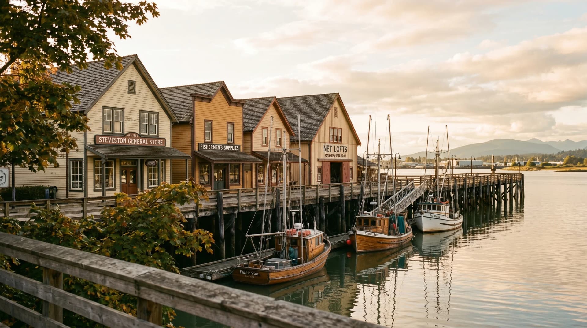 The historic Steveston Village waterfront in Richmond at warm golden hour with early-1900s cannery-era heritage clapboard buildings, the Britannia Shipyards pier, and moored wooden fishing boats — Distinctive Form serves Richmond
