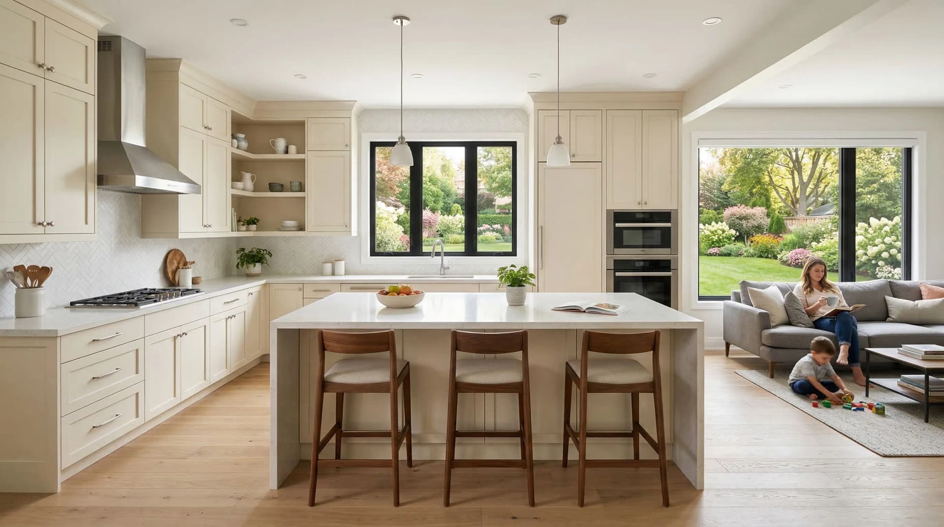 Distinctive Form — premium engineered quartz countertop with eased edge profile in a bright family-friendly Brampton, Ontario kitchen. White quartz island surface, cream shaker cabinetry, stainless steel hood, walnut bar stools, light oak hardwood floors, open-concept living space, and lush garden landscape views through black-framed windows. Professional countertop fabrication and installation serving Brampton and surrounding areas.
