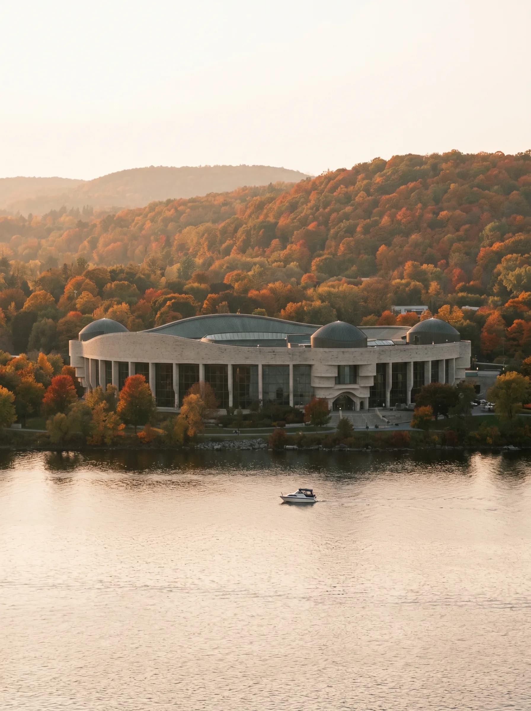The curved limestone-and-glass Canadian Museum of History on the Gatineau side of the Ottawa River at autumn evening light — Distinctive Form serves Gatineau and the National Capital Region