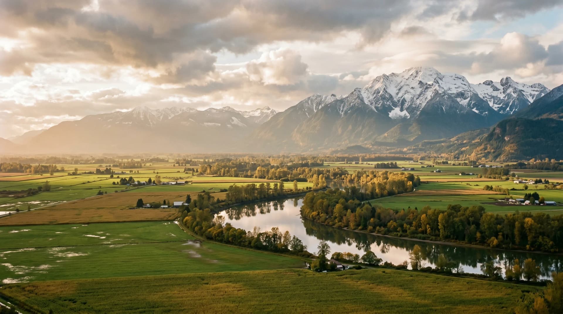A wide low-lying Upper Fraser Valley landscape near the Vedder River corridor outside Chilliwack at warm golden hour after heavy rain with the calm river winding across green cornfields and dairy pastures and snow-capped Mount Cheam rising on the horizon — Distinctive Form serves Chilliwack